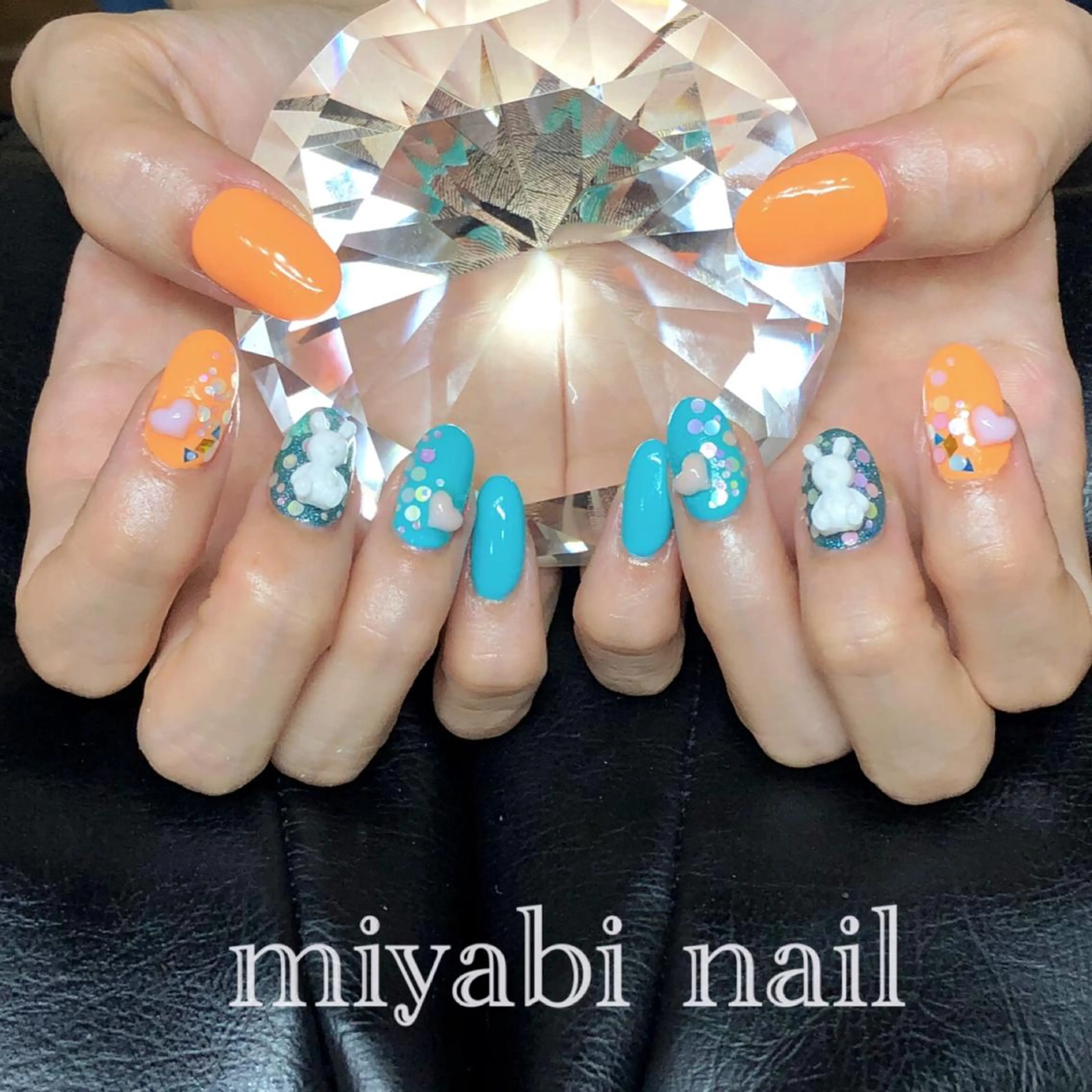 ネイル ブルー ジェルネイル ハート 持ち込み オレンジ ハンドネイル miyabi nail 桂川駅近くのネイルデザイン
