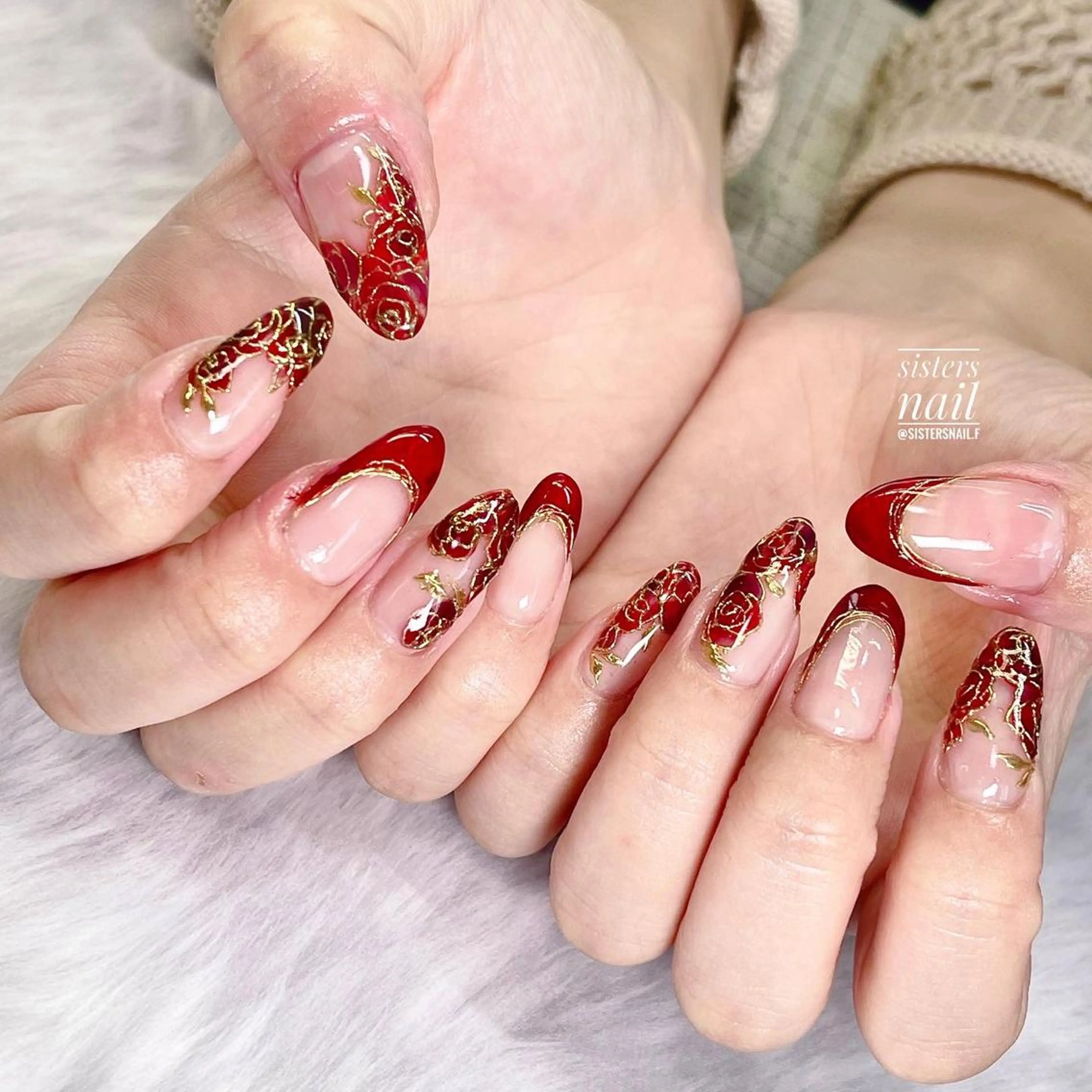 ネイル アートネイル フラワーネイル フレンチネイル 赤色 sisters nail.fのネイルデザイン