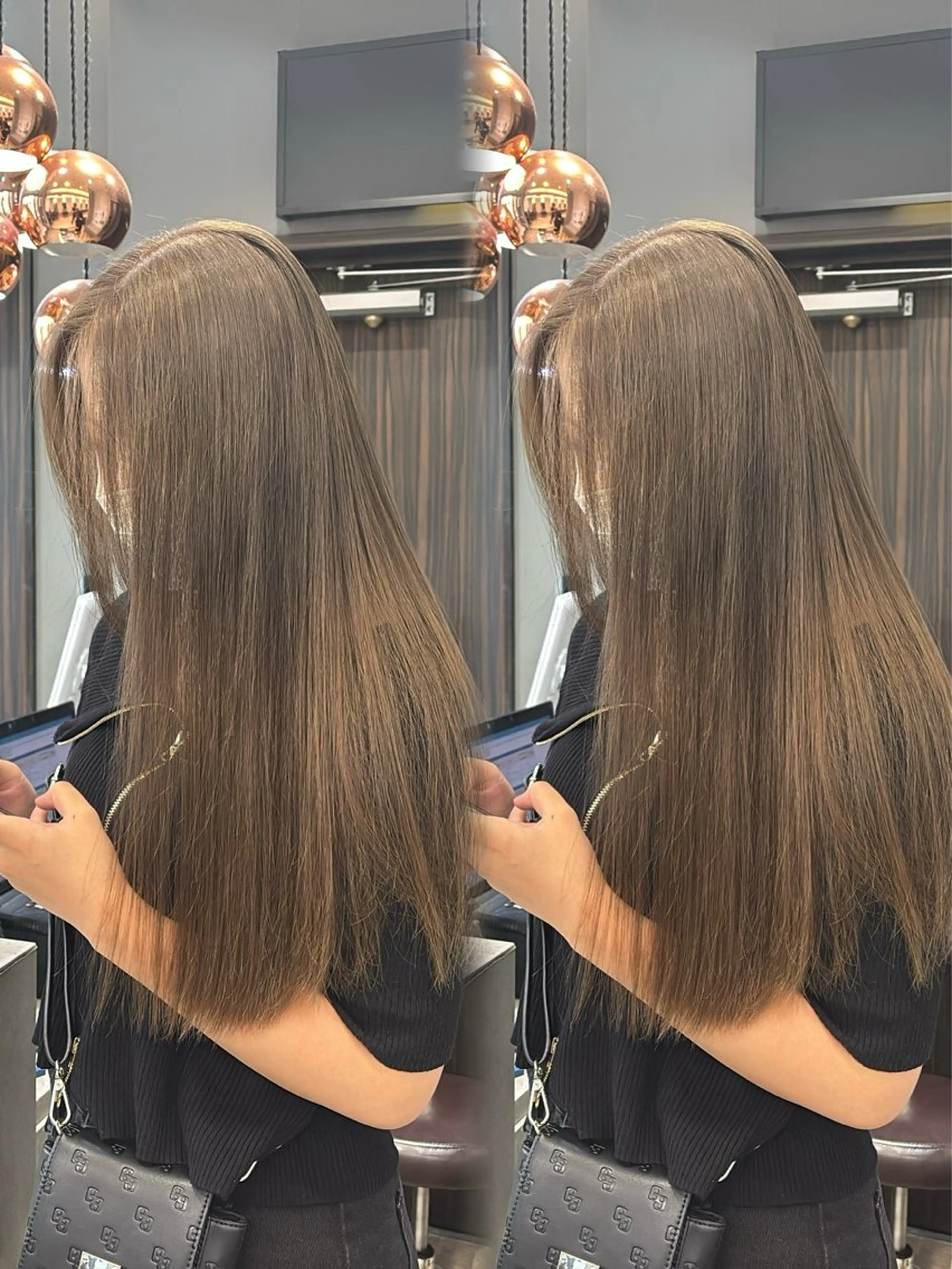 ロング ヘアカラー トリートメント ヘアセット 韓国ヘア/ブリーチ無 しWカラー/オリーブのヘアスタイル