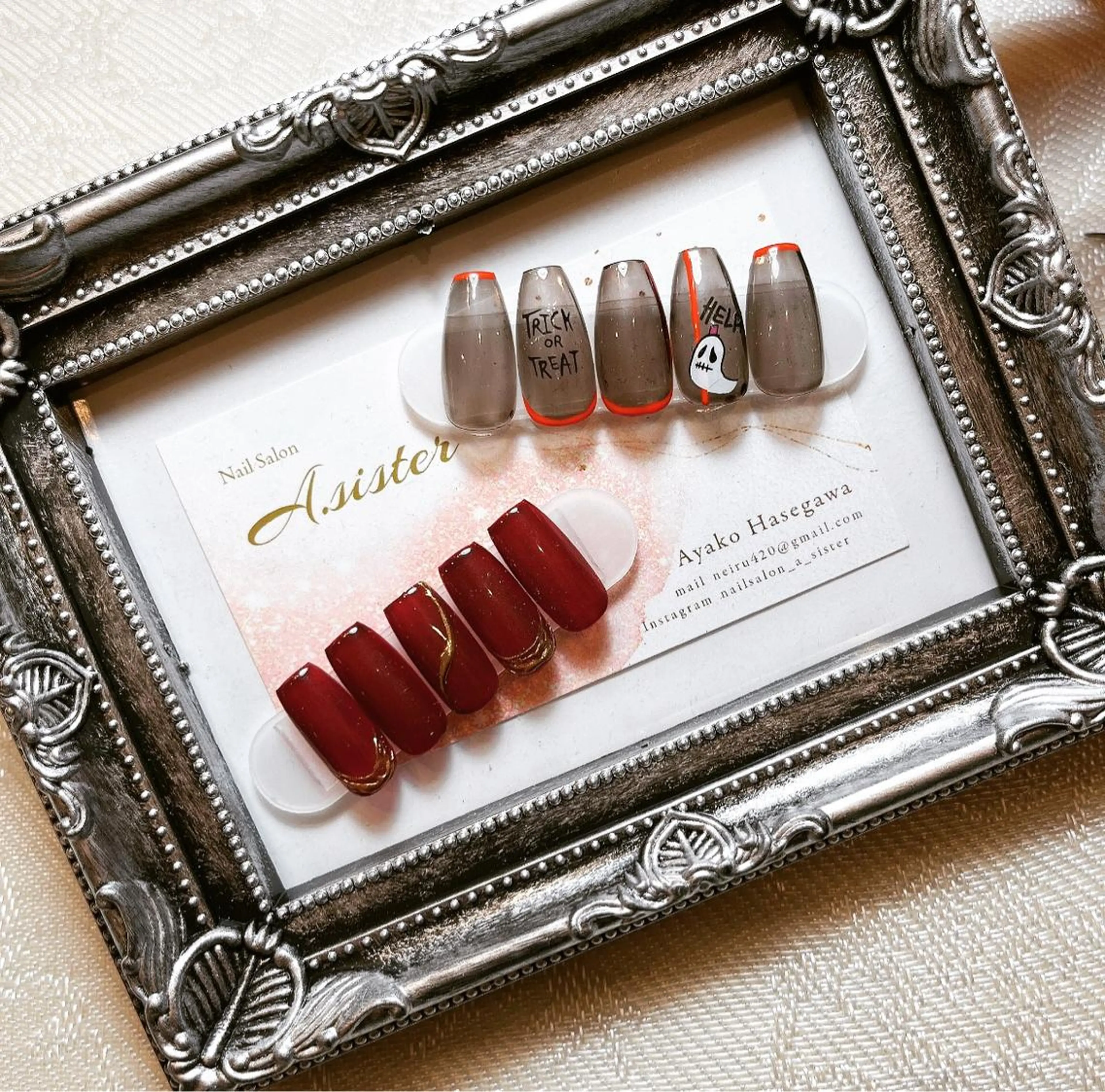 ネイル アートネイル ボルドー ハロウィン ミラーネイル nail salon 《A.sister》のネイルデザイン