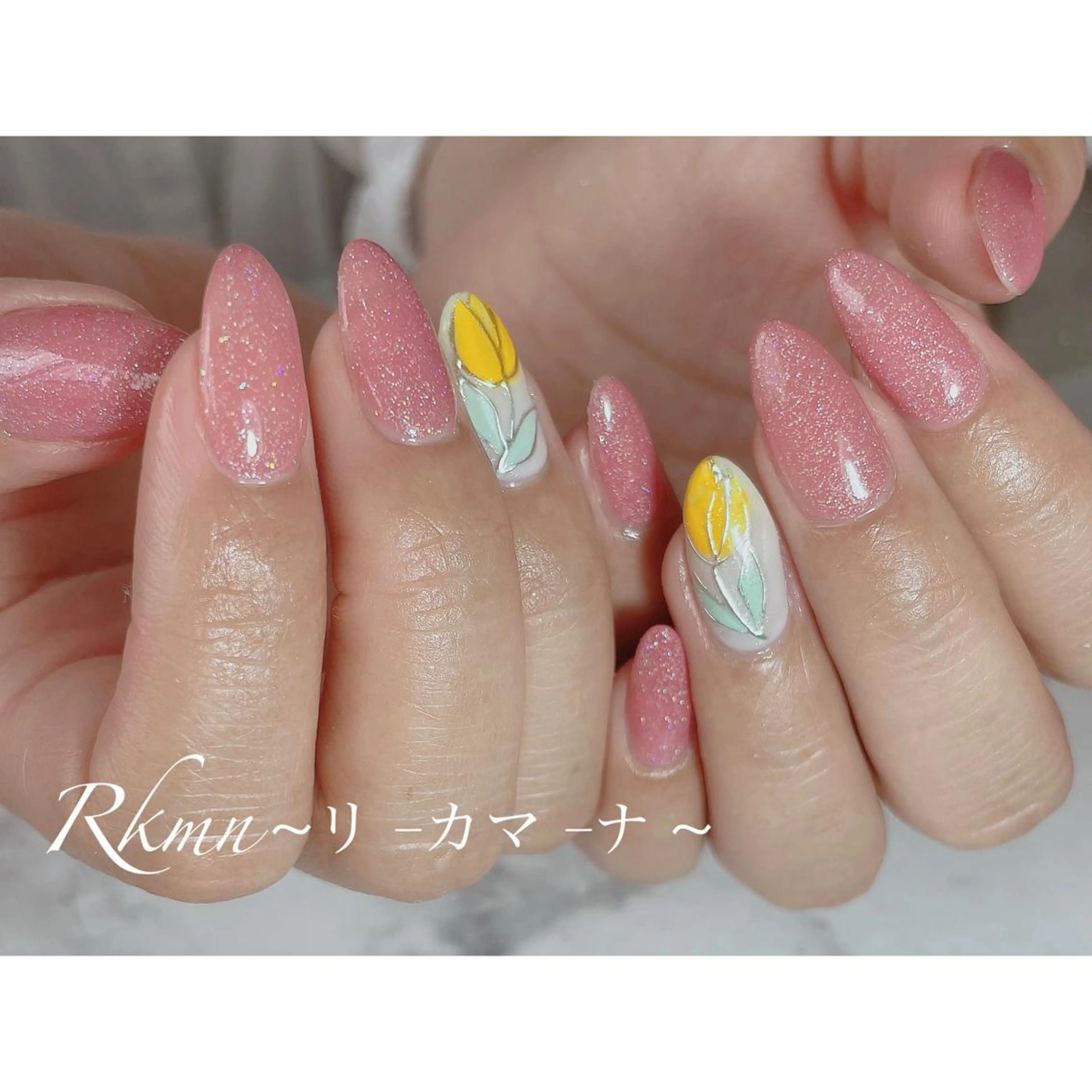 ネイル アートネイル ラメ(グリッター) ミラーネイル ピンク 春ネイル ハンドネイル フットネイル ハンドケア Rkmn ~リ-カマ-ナ~のネイルデザイン