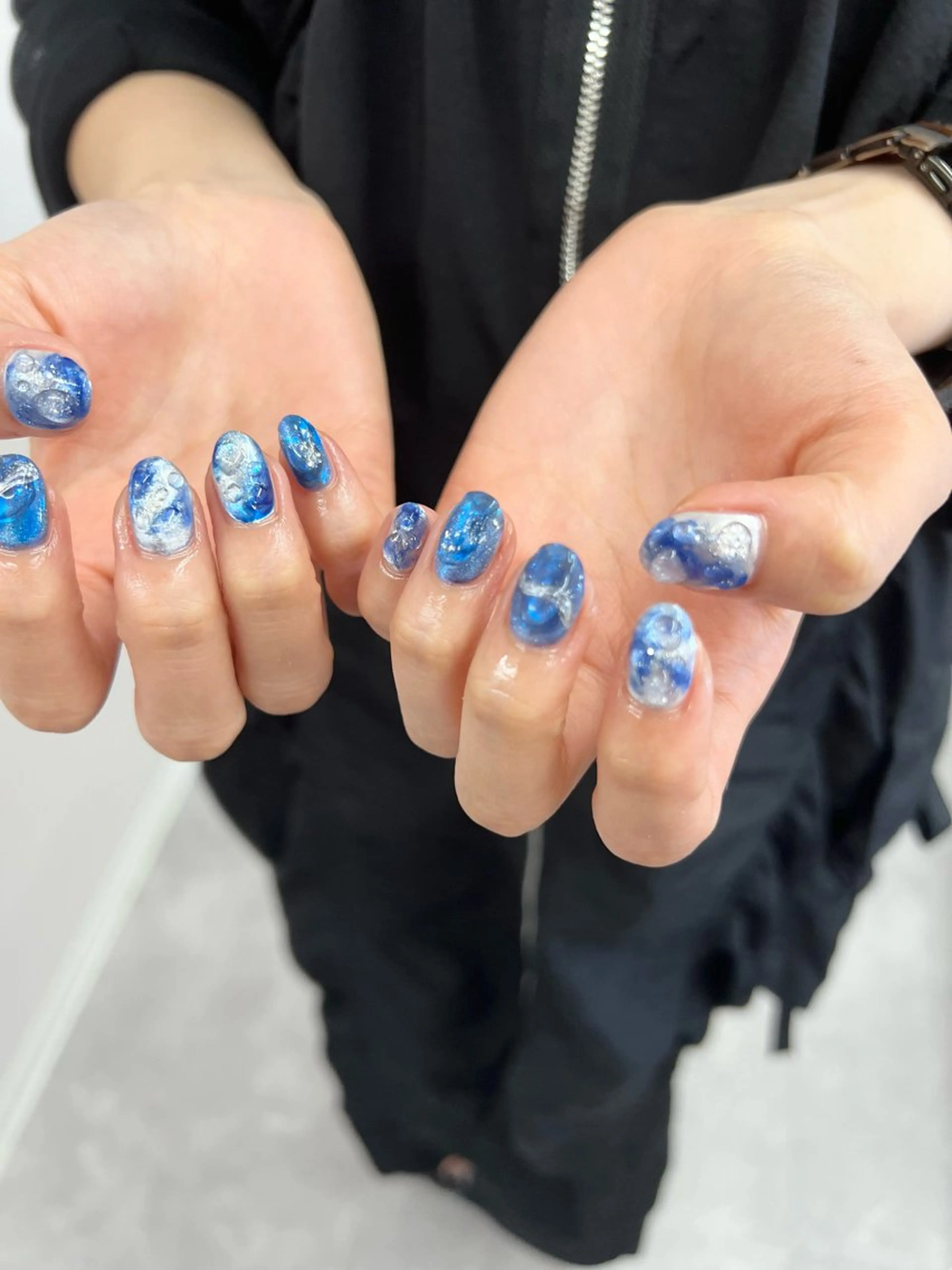 ネイル オーロラネイル ブルー ジェルネイル 韓国ネイル マグネットネイル ハンドネイル ハンドケア Bana_ Nailのネイルデザイン