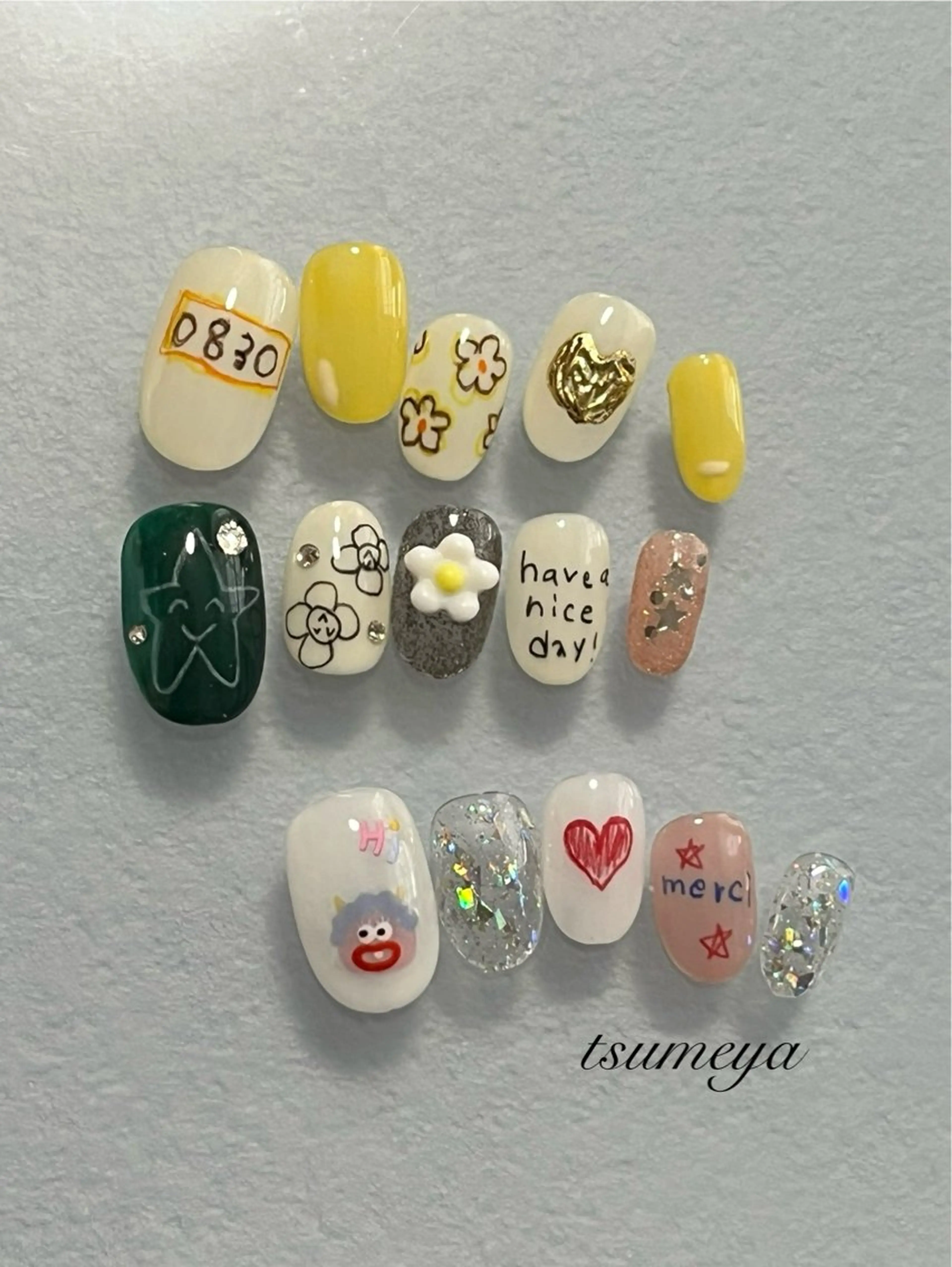 ネイル アートネイル ハート キラキラネイル ミラーネイル ニュアンスネイル ハンドネイル tsumeya ゆるかわ手描きネイルのネイルデザイン