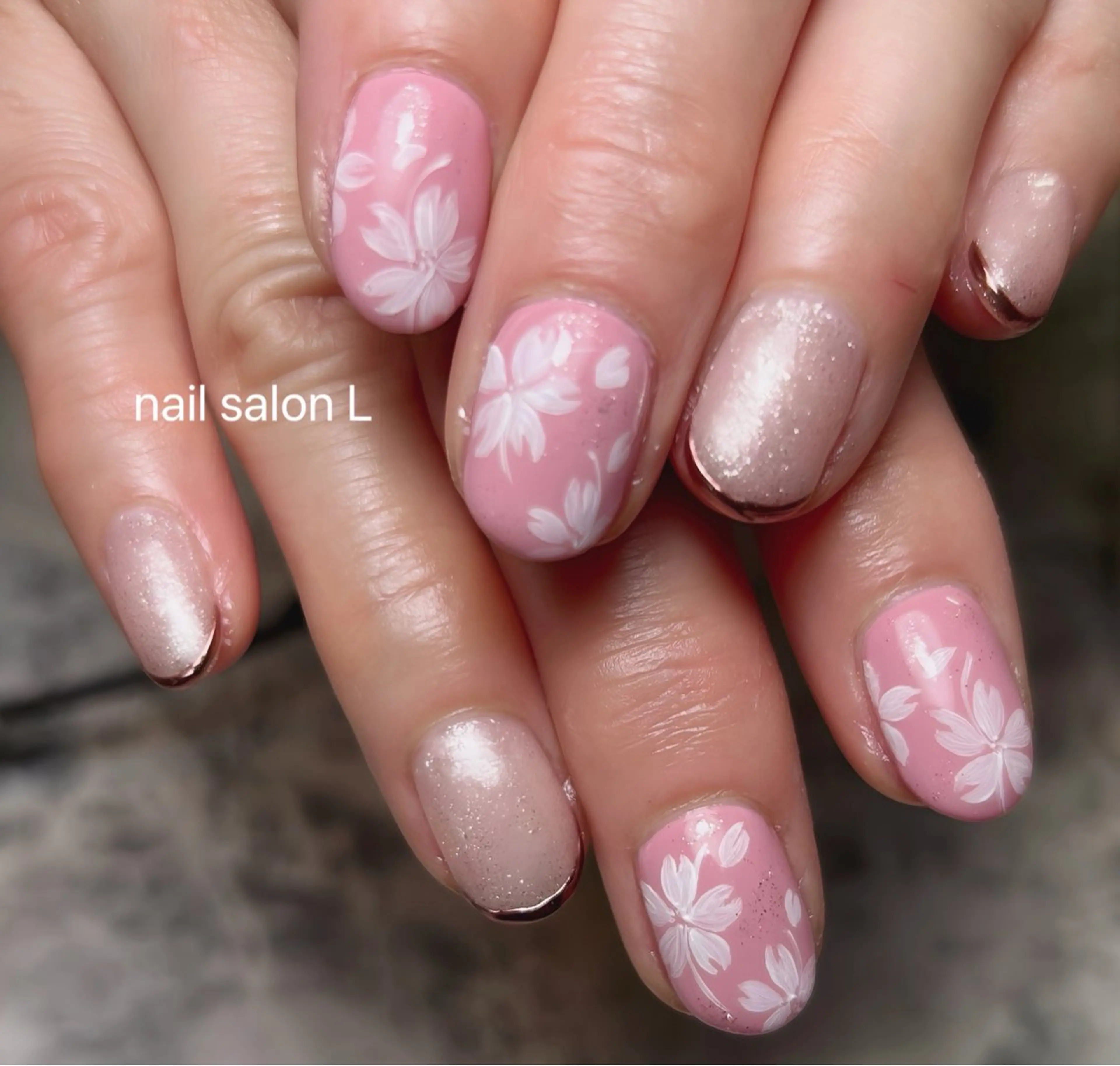 ネイル 桜ネイル フレンチネイル ミラーネイル ピンク ハンドネイル 吉川市 ネイルサロンLのネイルデザイン