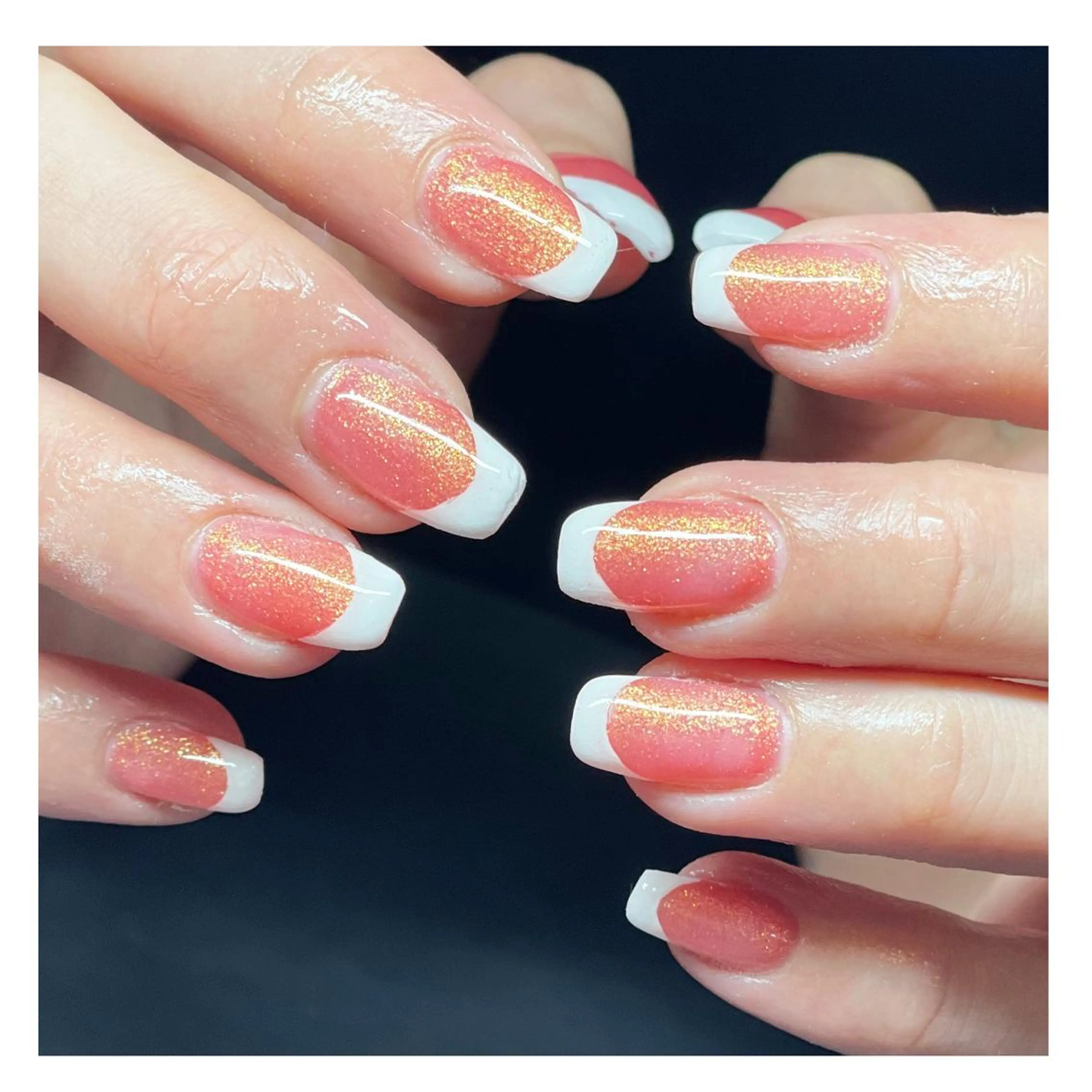 ネイル フレンチネイル ジェルネイル オレンジ ピンク ハンドネイル LaLa Peach 福岡のマツエク・マツパデザイン