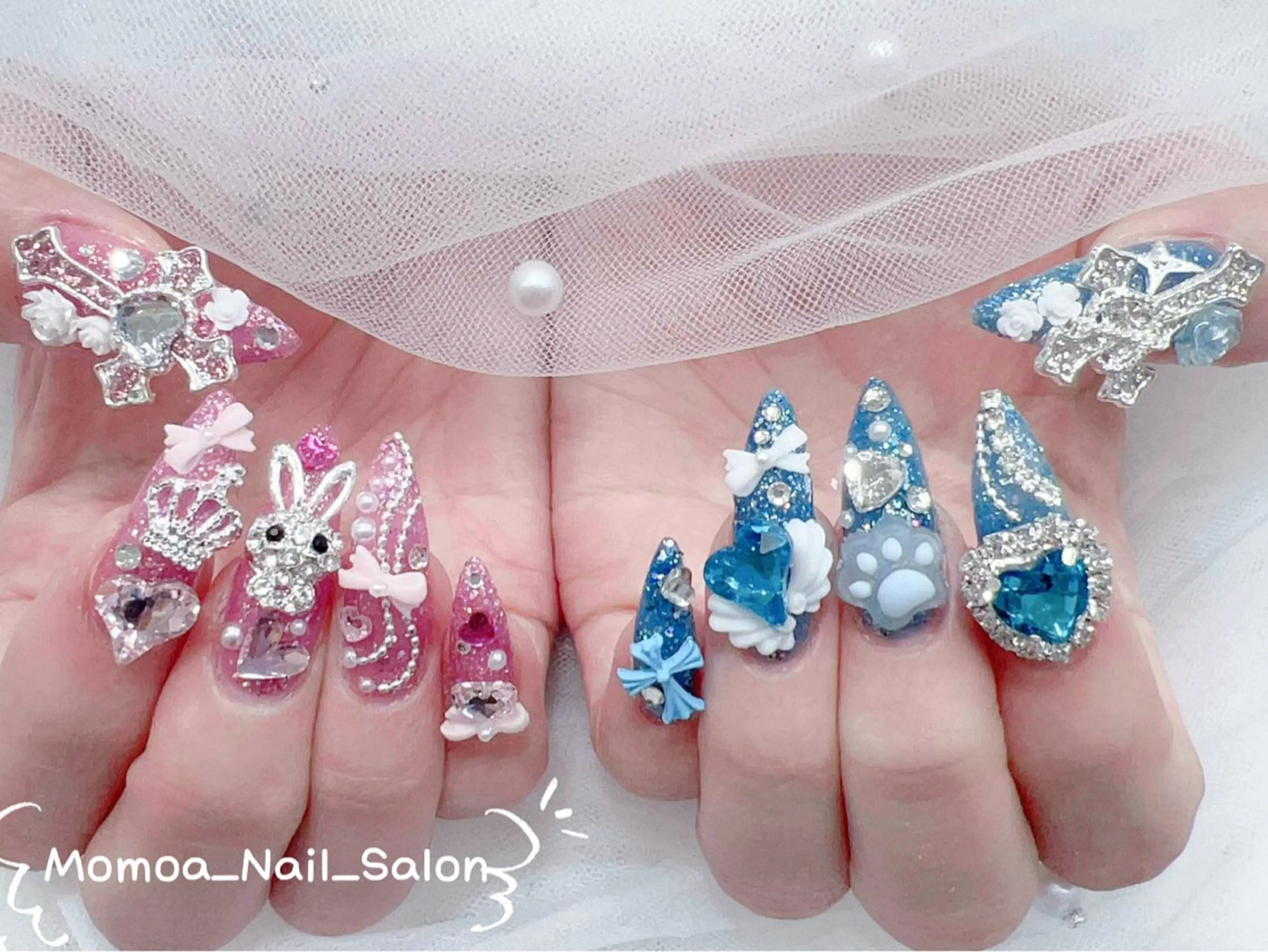 ネイル 成人式 ロングネイル マグネットネイル 大理石ネイル(マーブル) 持ち込み ハンドネイル MoMoA Nail ネイル長さ出し専門店のネイルデザイン