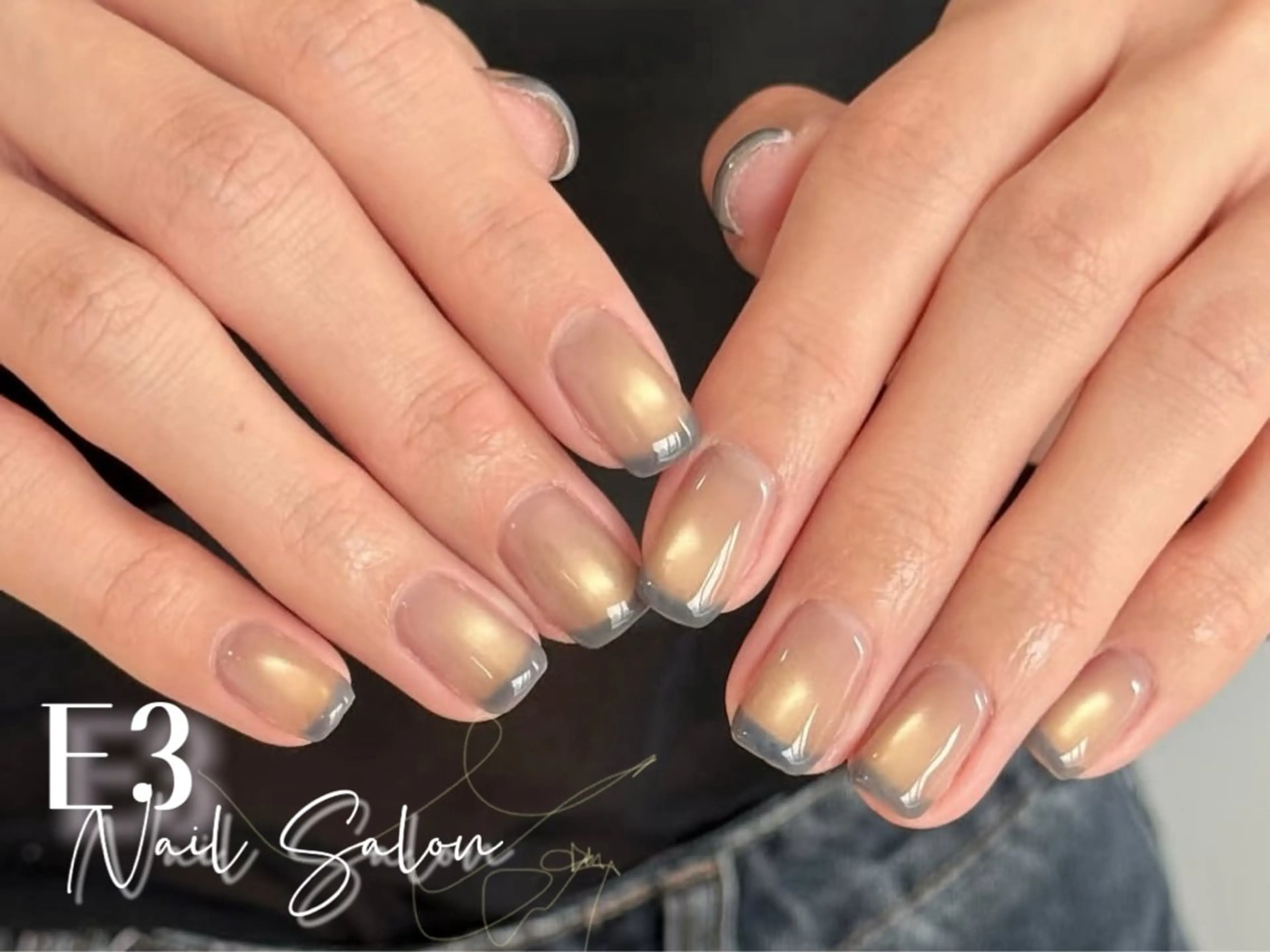 ネイル フレンチネイル ジェルネイル ガラスフレンチ グラデーション キラキラネイル ハンドネイル E3 Nail Salonのネイルデザイン