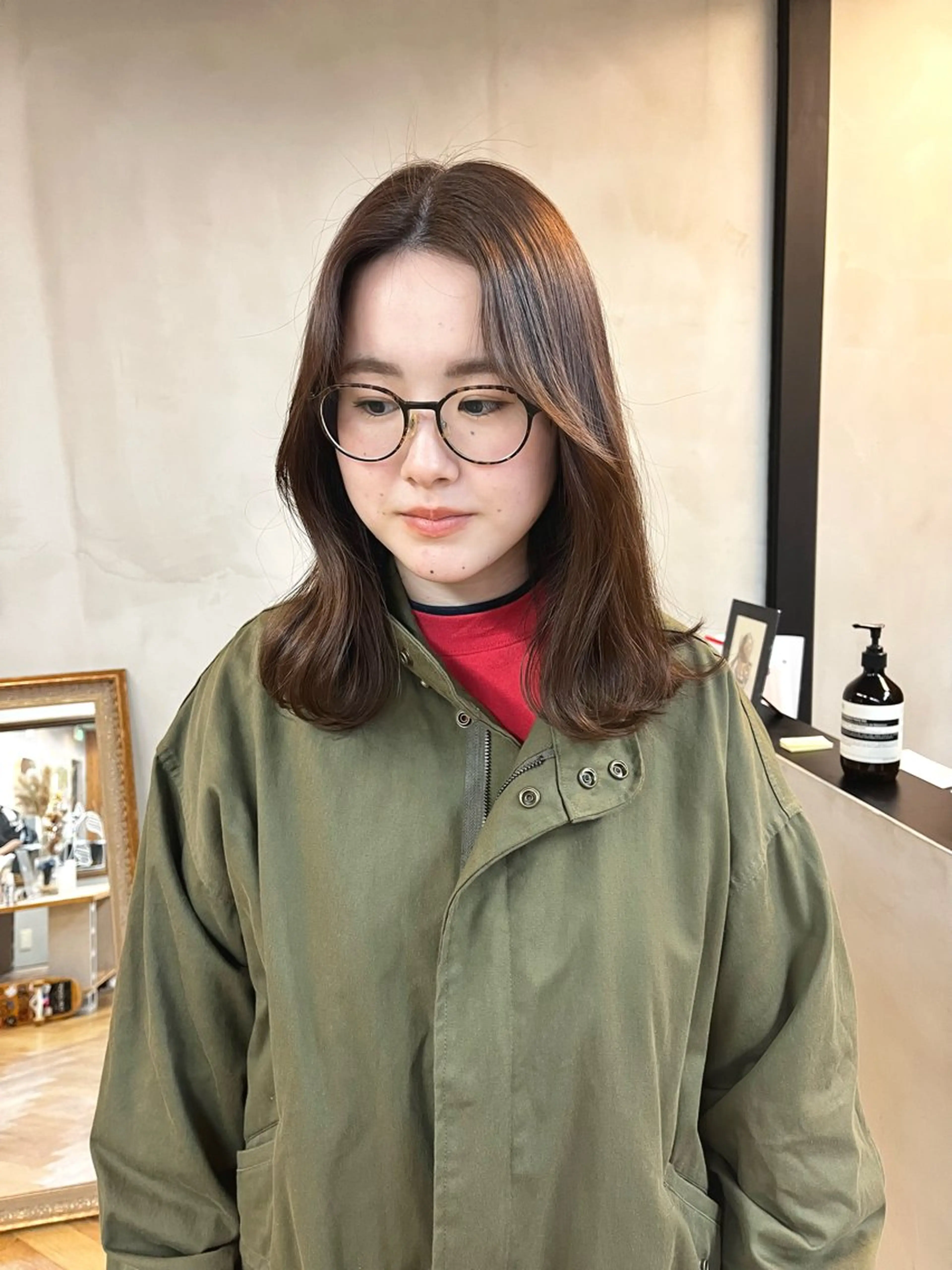 ミディアム カラー ヘアアレンジ ブリーチ ブラウンカラー ブリーチなしカラー ena/ブリーチなし 透明感・レイヤー🎀のヘアスタイル
