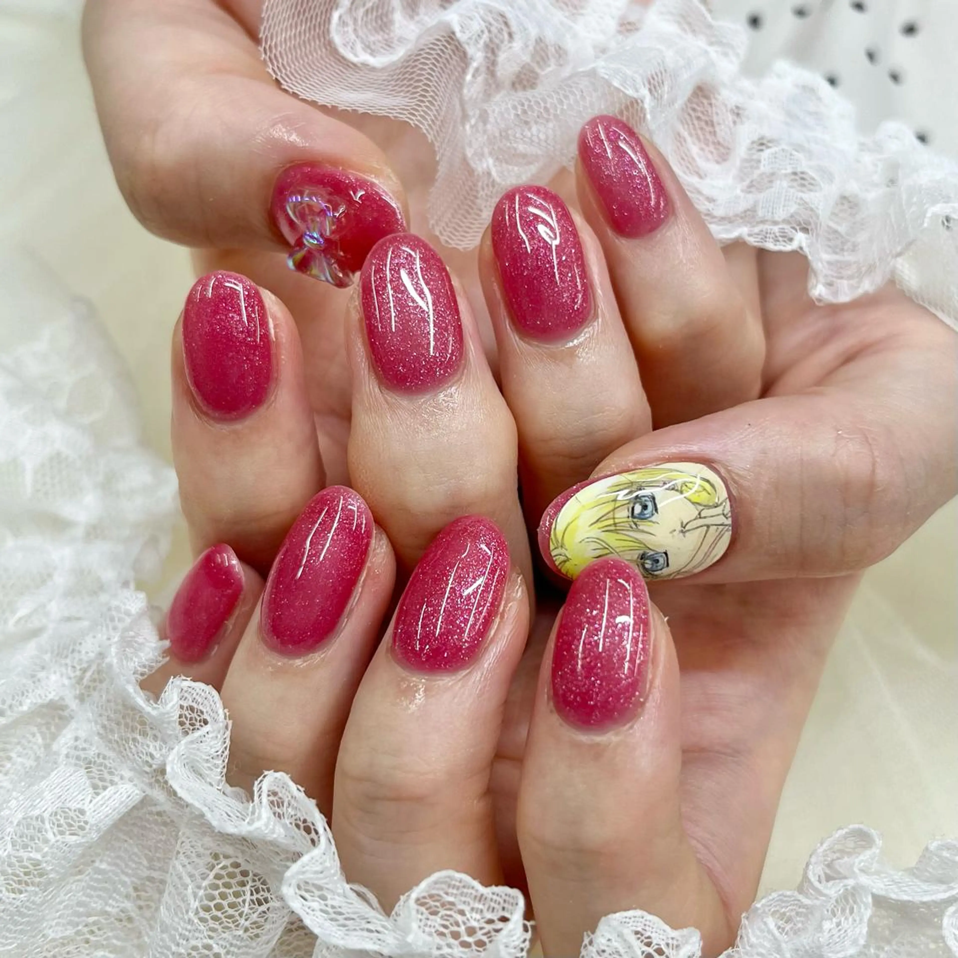 ミディアム ネイル リボン ハンドネイル 池袋痛ネイル Nok. 渡辺のネイルデザイン