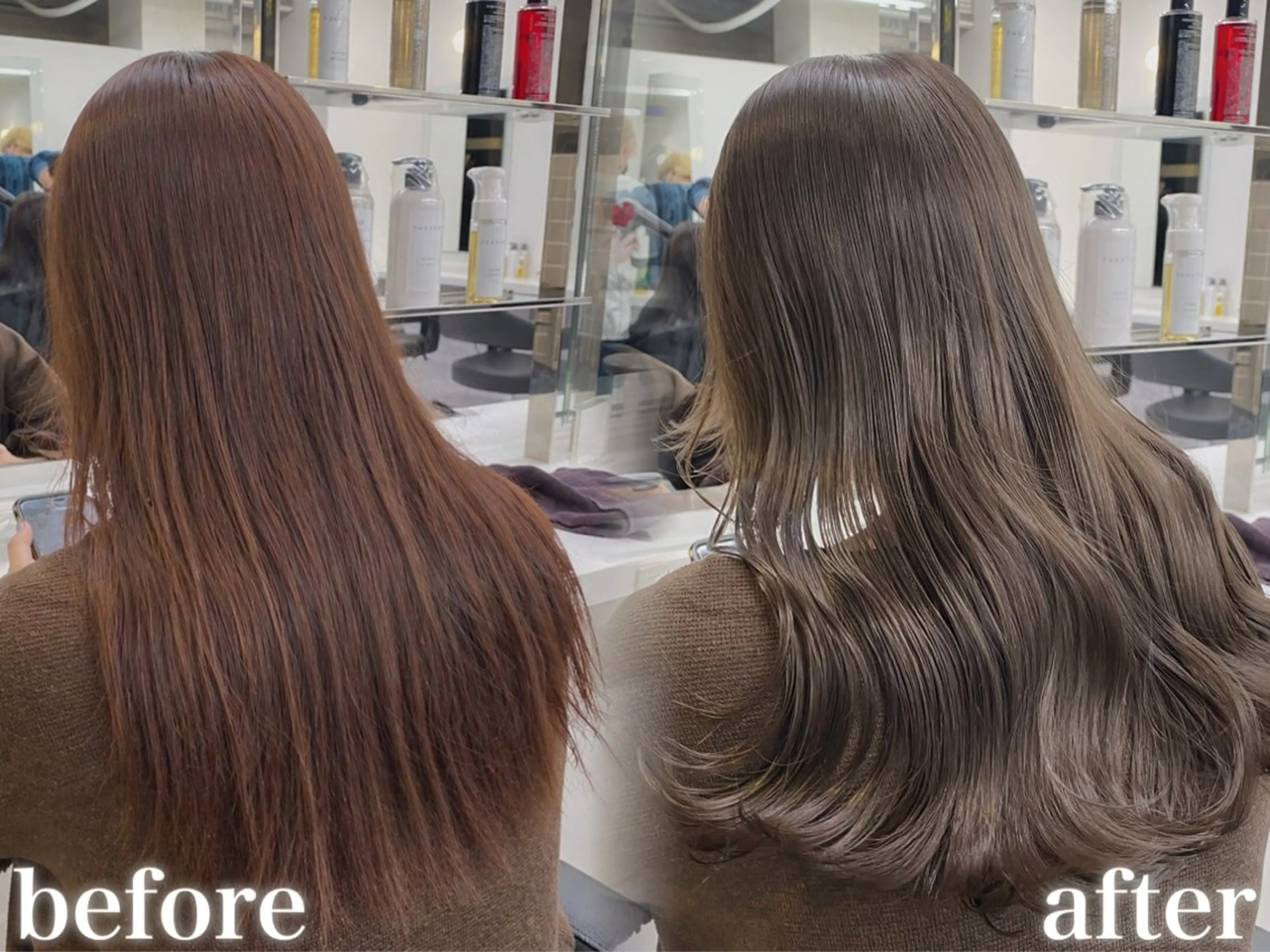 ロング カラー カット ヘアカラー トリートメント 地毛風縮毛矯正飛我 赤み無し透明感ヘアのヘアスタイル