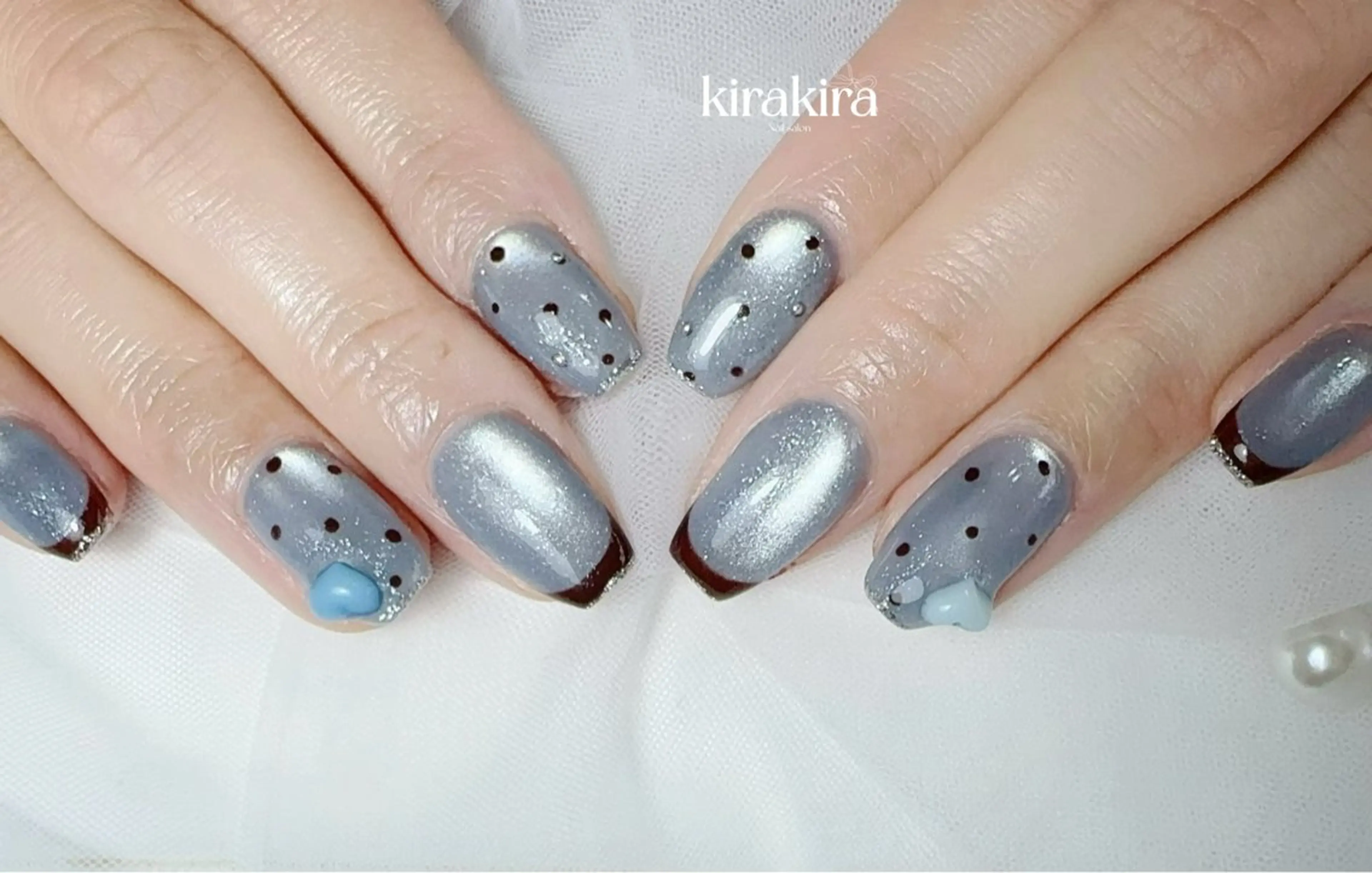 ネイル ブルー ブラウン ドット フットネイル フレンチネイル Kirakira Nail salonのネイルデザイン