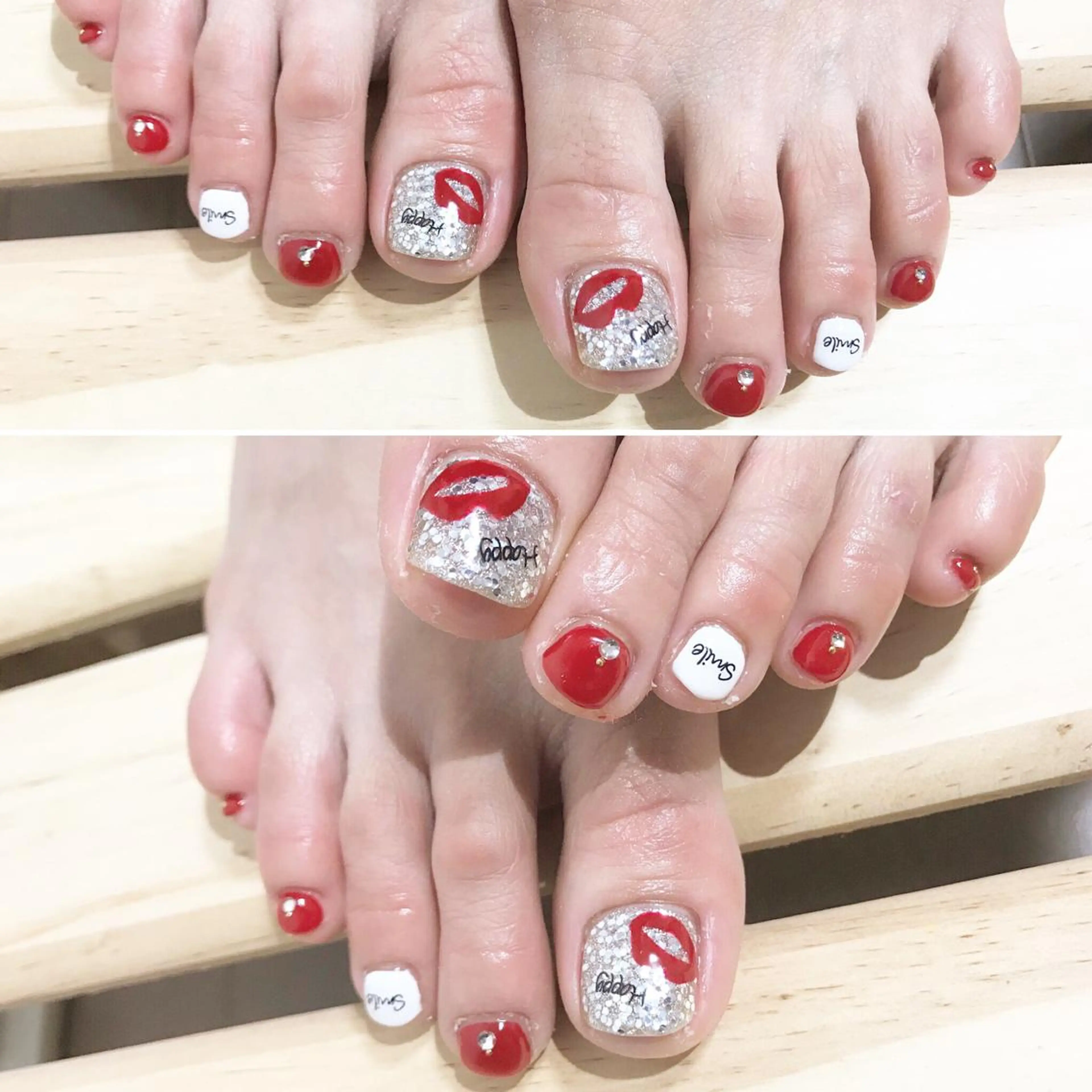 ネイル フットネイル ラメ(グリッター) 赤色 シルバー シンプルネイル フットネイル nail fufla ♡yamane♡のネイルデザイン