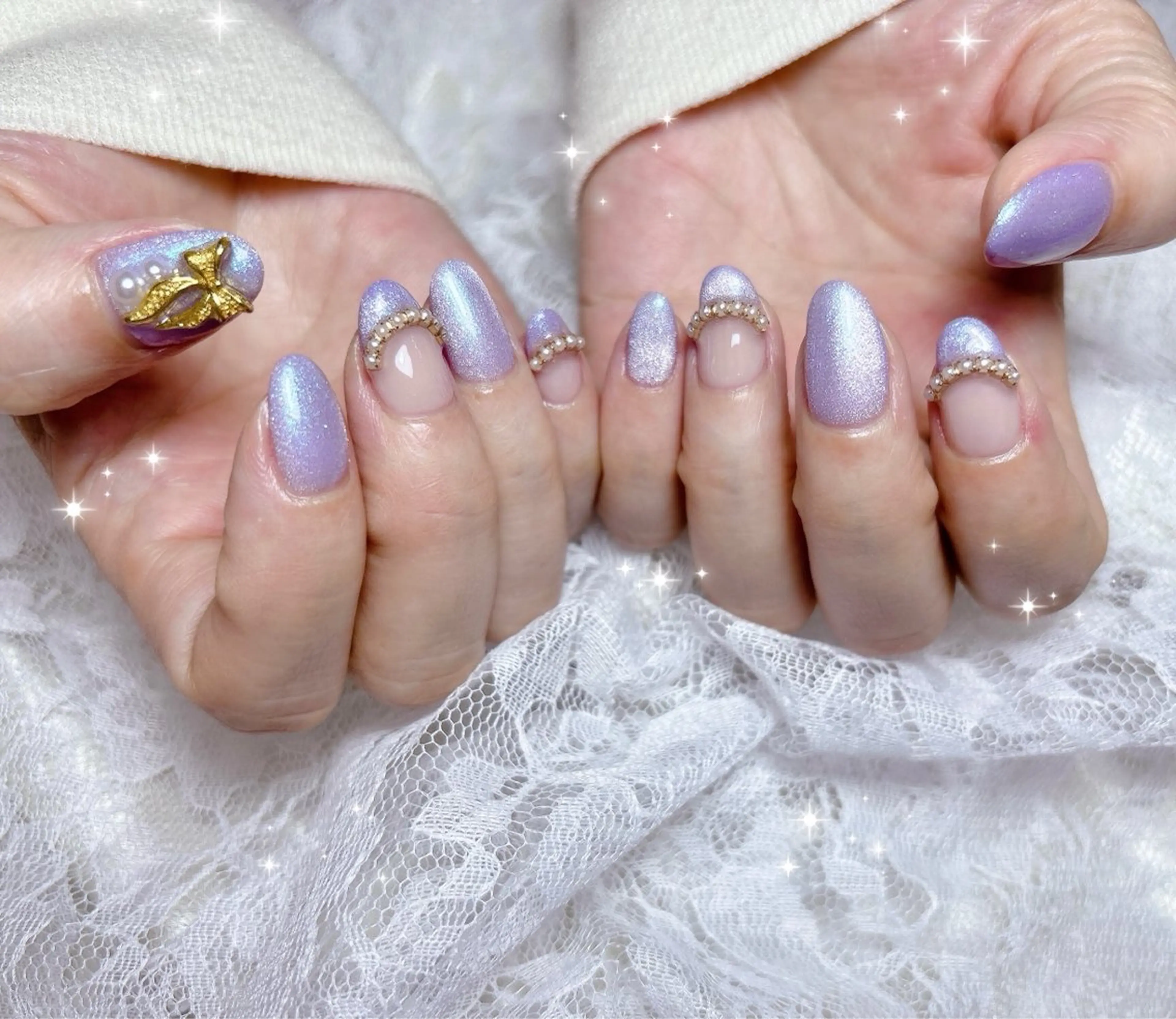 ネイル フレンチネイル キラキラネイル マグネットネイル パープル ハンドネイル FLARE NAIL フレアネイルのネイルデザイン