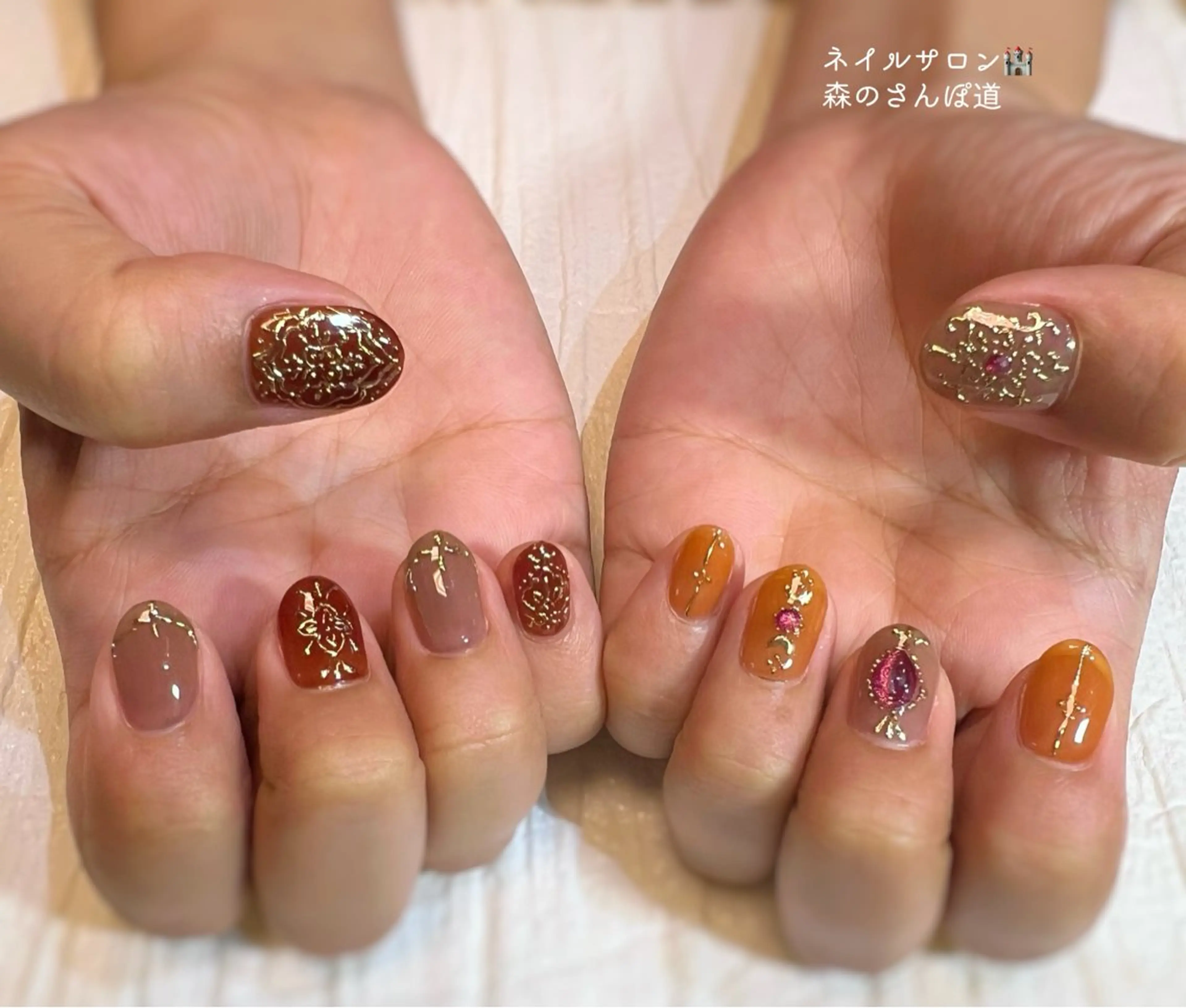 ネイル ハンドネイル ショートネイル 森のさんぽ道のネイルデザイン