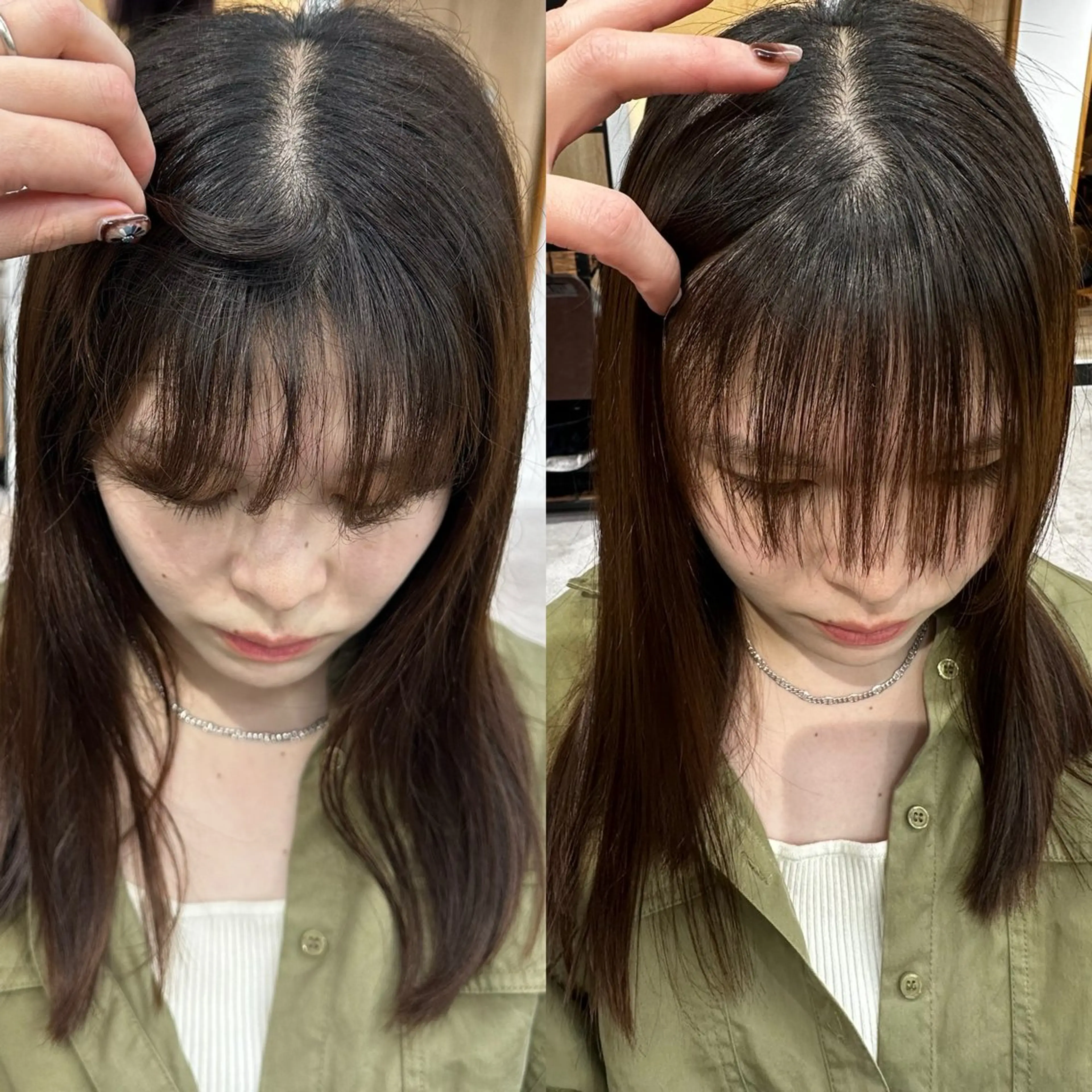 ミディアム カラー パーマ ヘアアレンジ メンズ キッズ カット 縮毛矯正 レイヤーカット 🌿透け感カラーのヘアスタイル