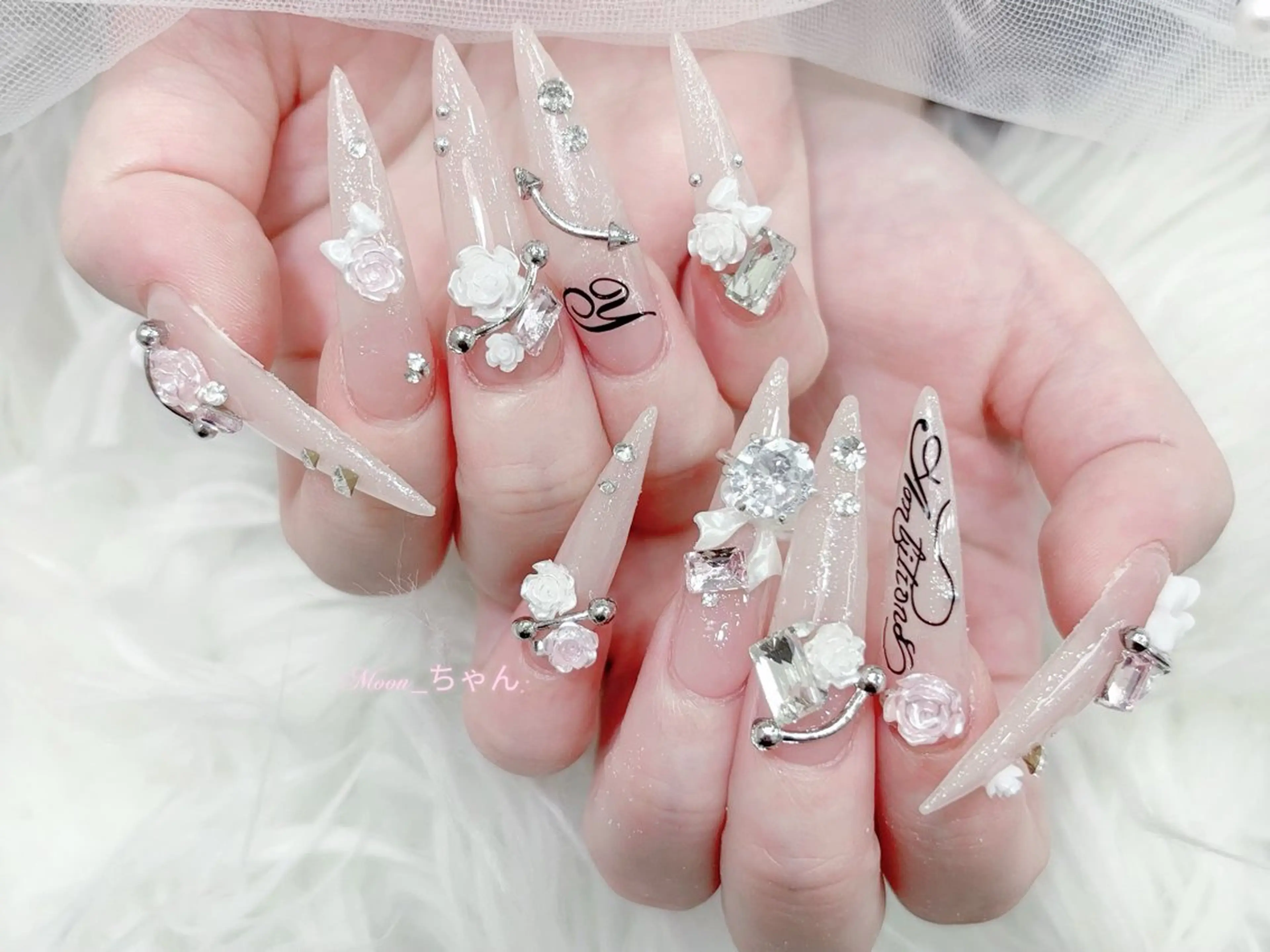 ネイル 成人式 大理石ネイル(マーブル) リボン 夏ネイル ネイルチップ ハンドネイル MoMoA Nail ネイル長さ出し専門店のネイルデザイン