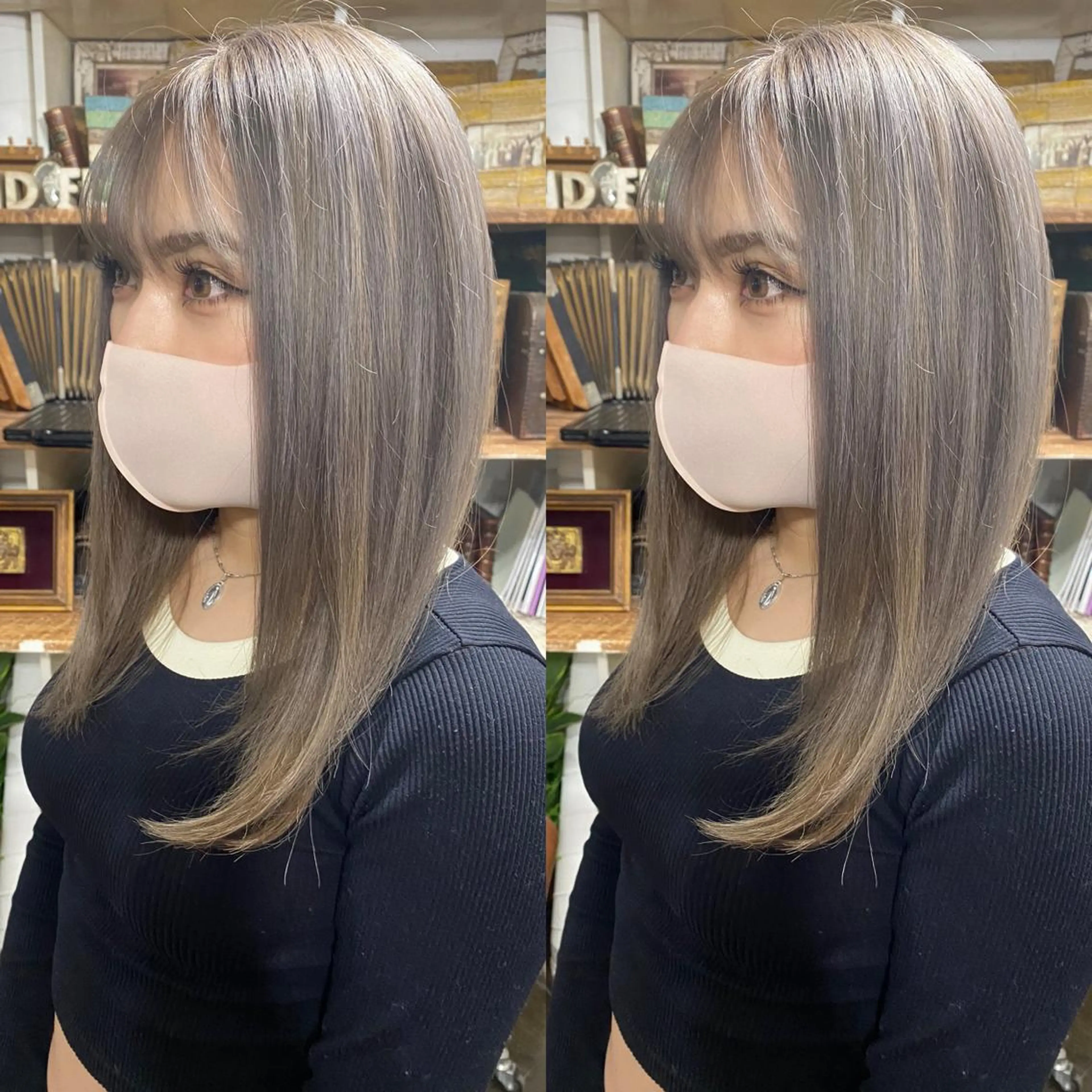 セミロング カラー バレイヤージュ ブリーチ ブロンド ダブルカラー イヤリングカラー ヘアカラー モモカ/ハイトーン /バレイヤージュのヘアスタイル