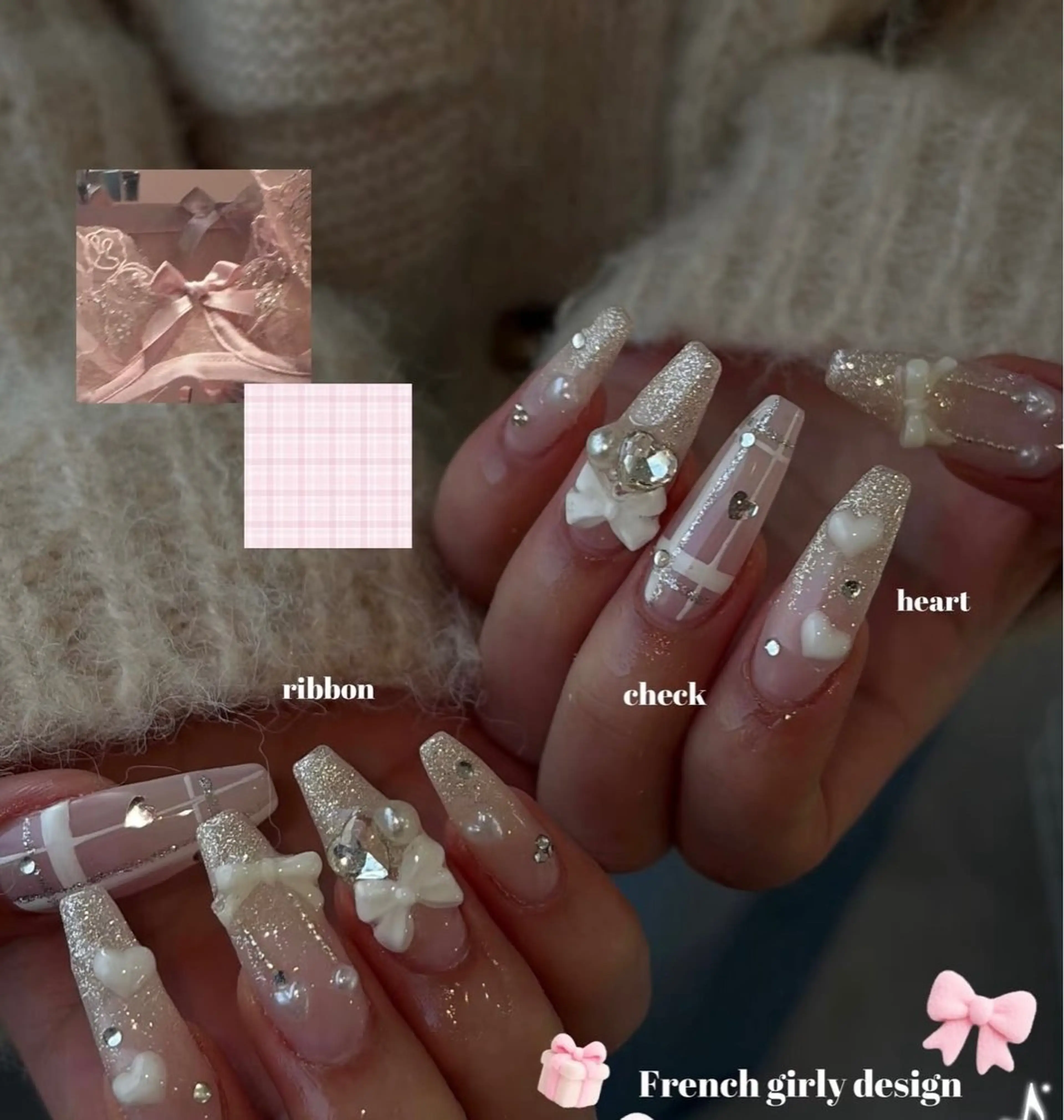 ネイル チークネイル フレンチネイル ジェルネイル ガーリー キラキラネイル ハンドネイル 高橋 雪のネイルデザイン
