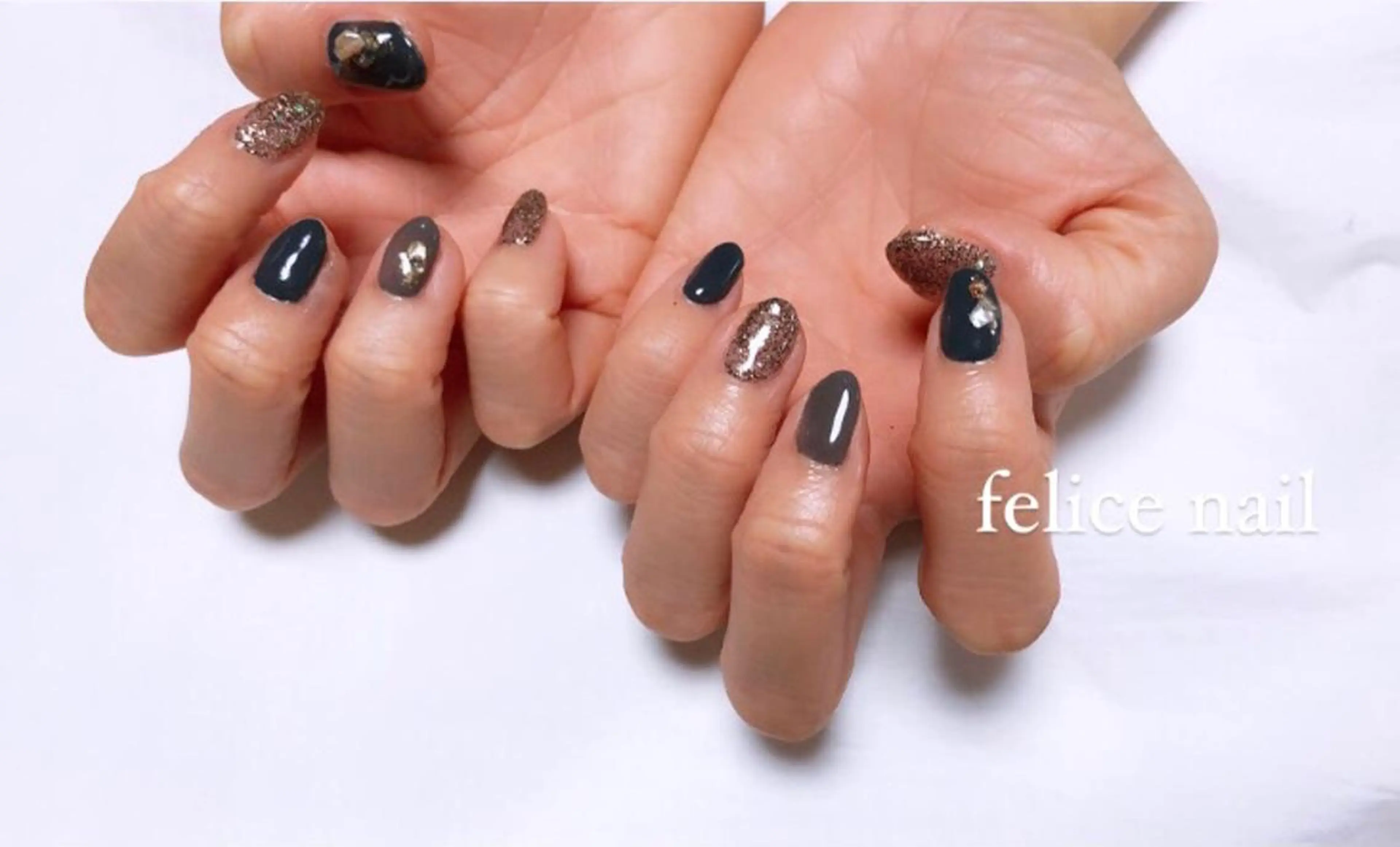 ネイル ブラウン ラメ(グリッター) ネイビー felice nailのネイルデザイン