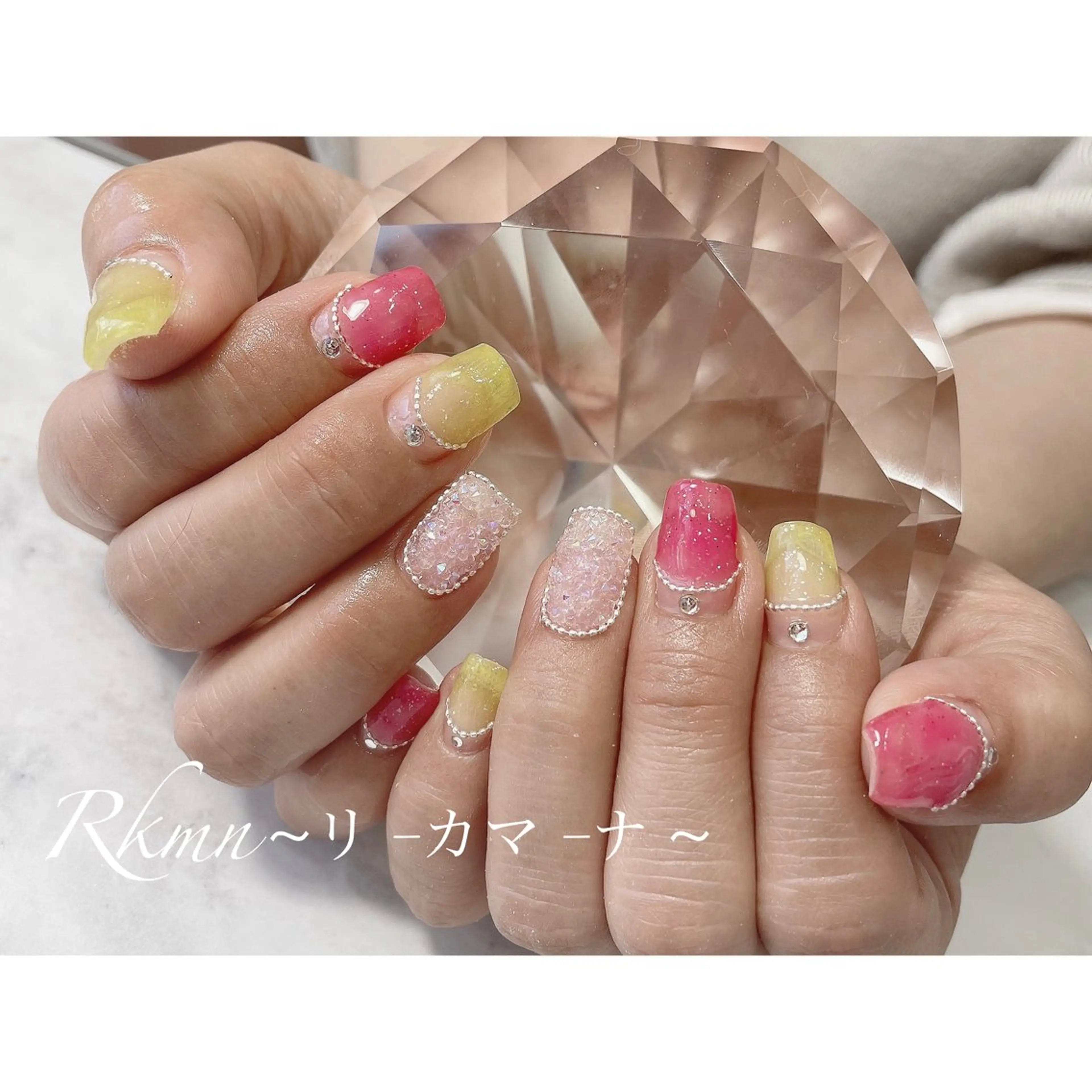 ネイル アートネイル フレンチネイル ピンク 春ネイル 黄色 ハンドネイル フットネイル ハンドケア Rkmn ~リ-カマ-ナ~のネイルデザイン