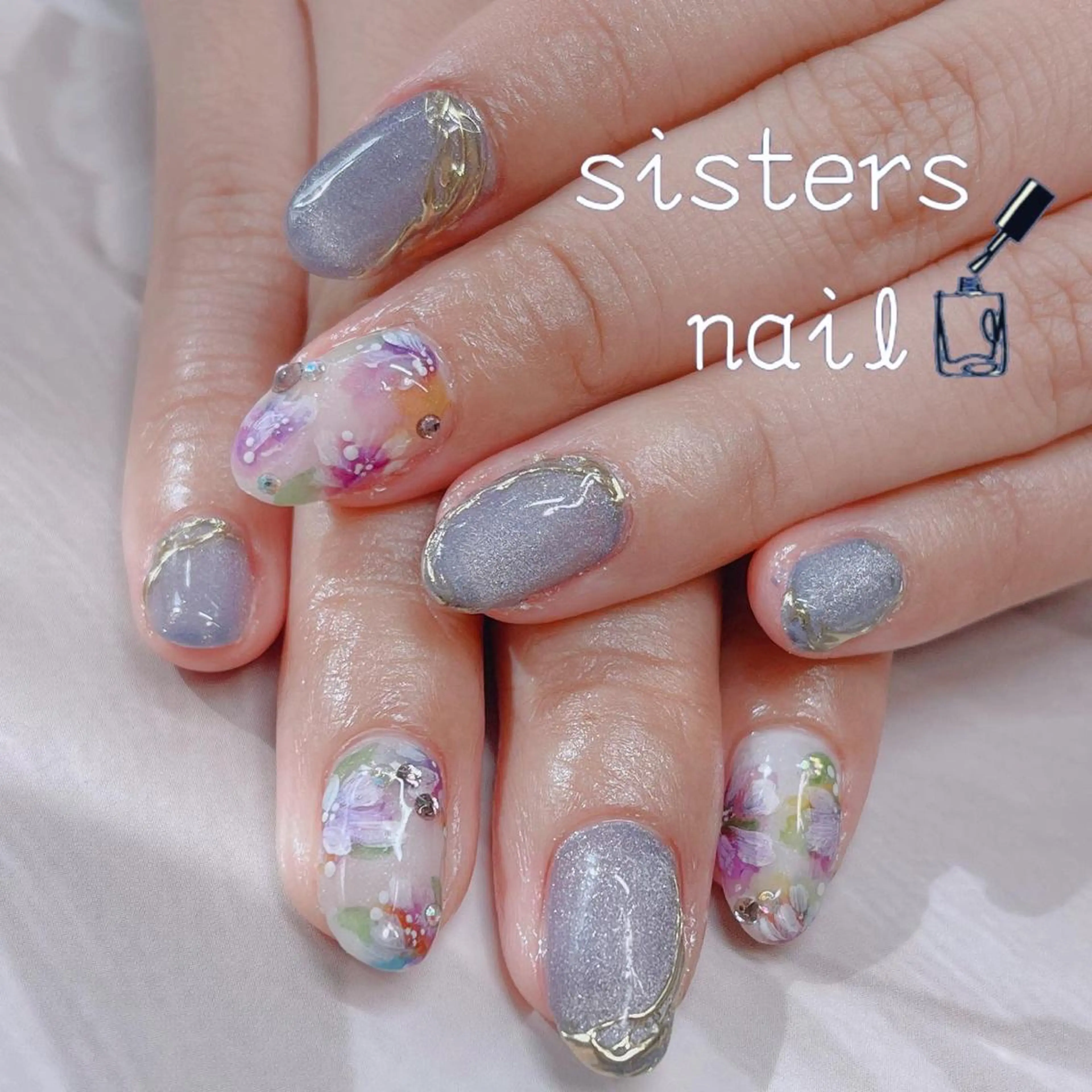 ネイル アートネイル フラワーネイル マグネットネイル ミラーネイル パープル sisters nail.fのネイルデザイン