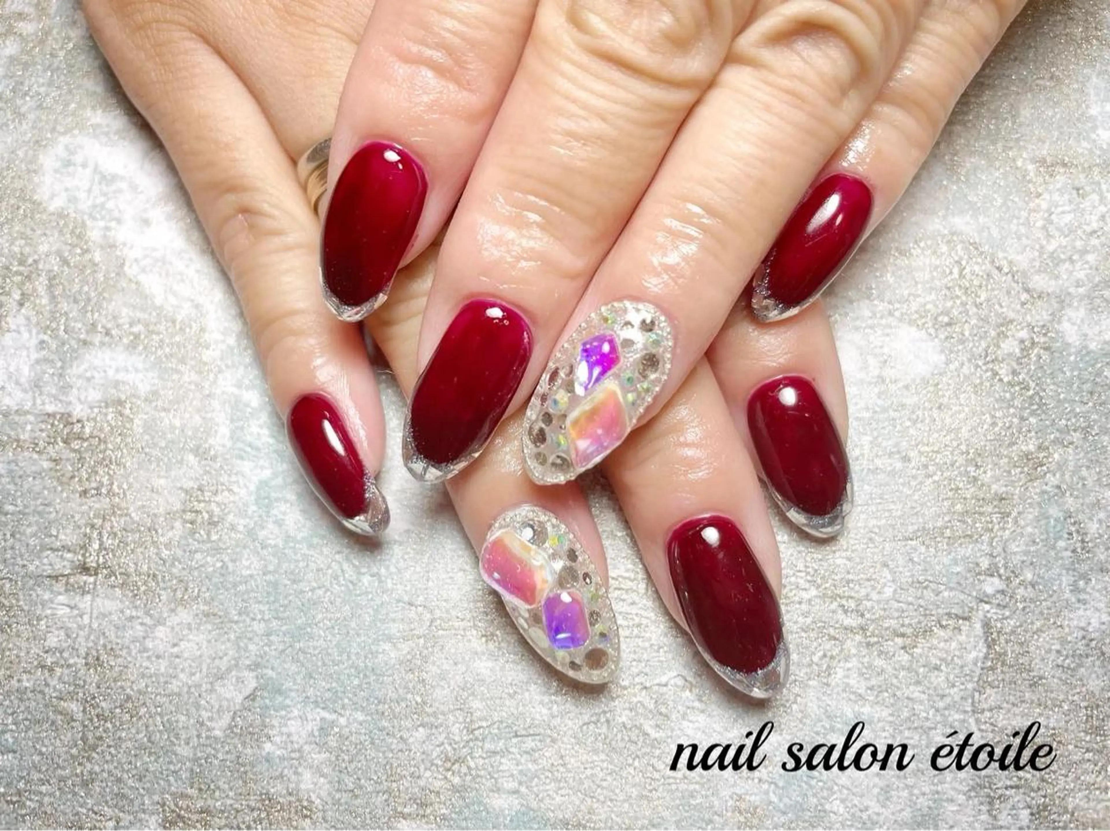 ネイル アートネイル ボルドー フレンチネイル ジェルネイル ガラスフレンチ ハンドネイル nail salon étoileのネイルデザイン