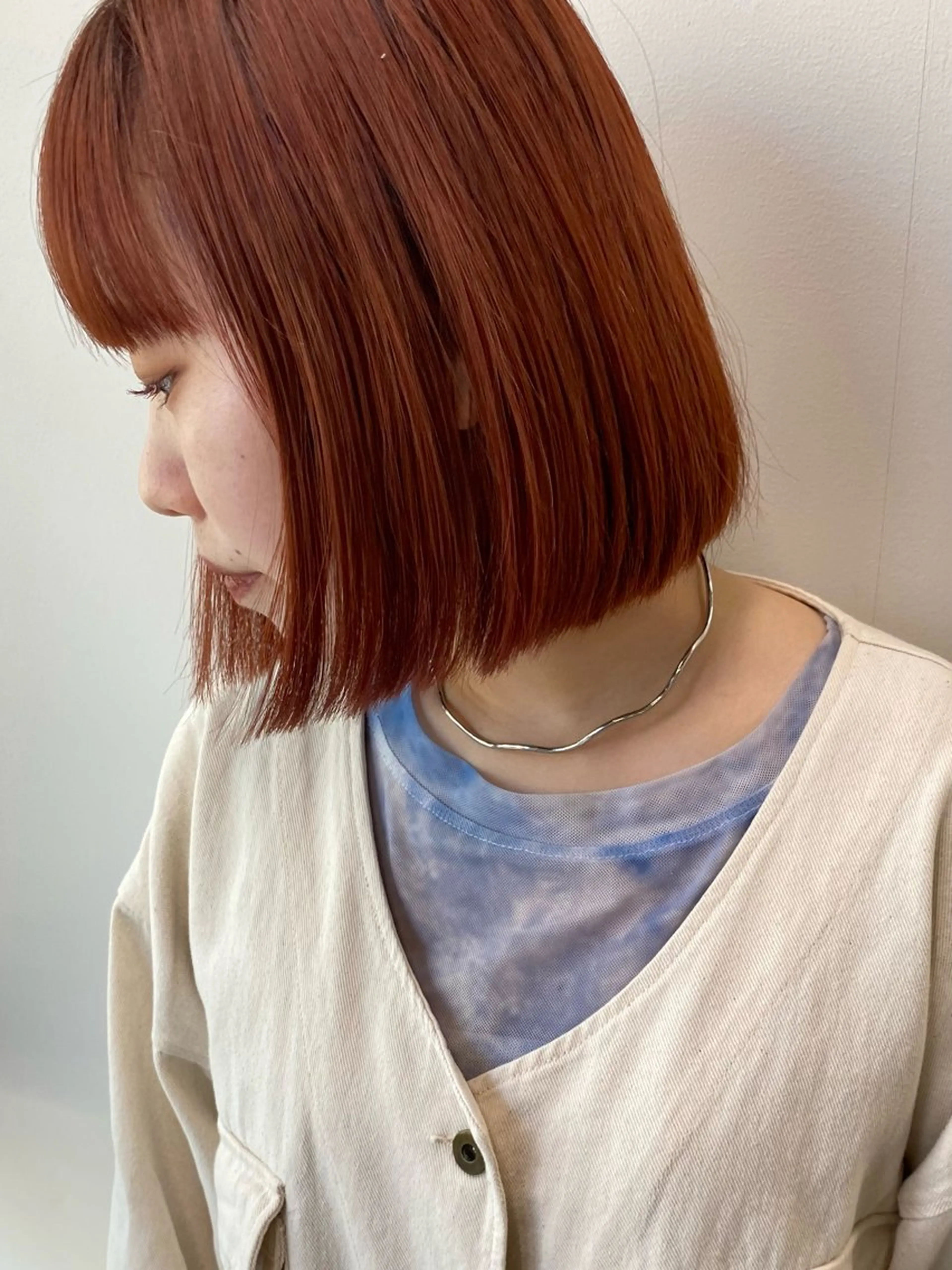 ショート 切りっぱなしボブ オレンジブラウン ボブ 博多美容室 RIHOのヘアスタイル