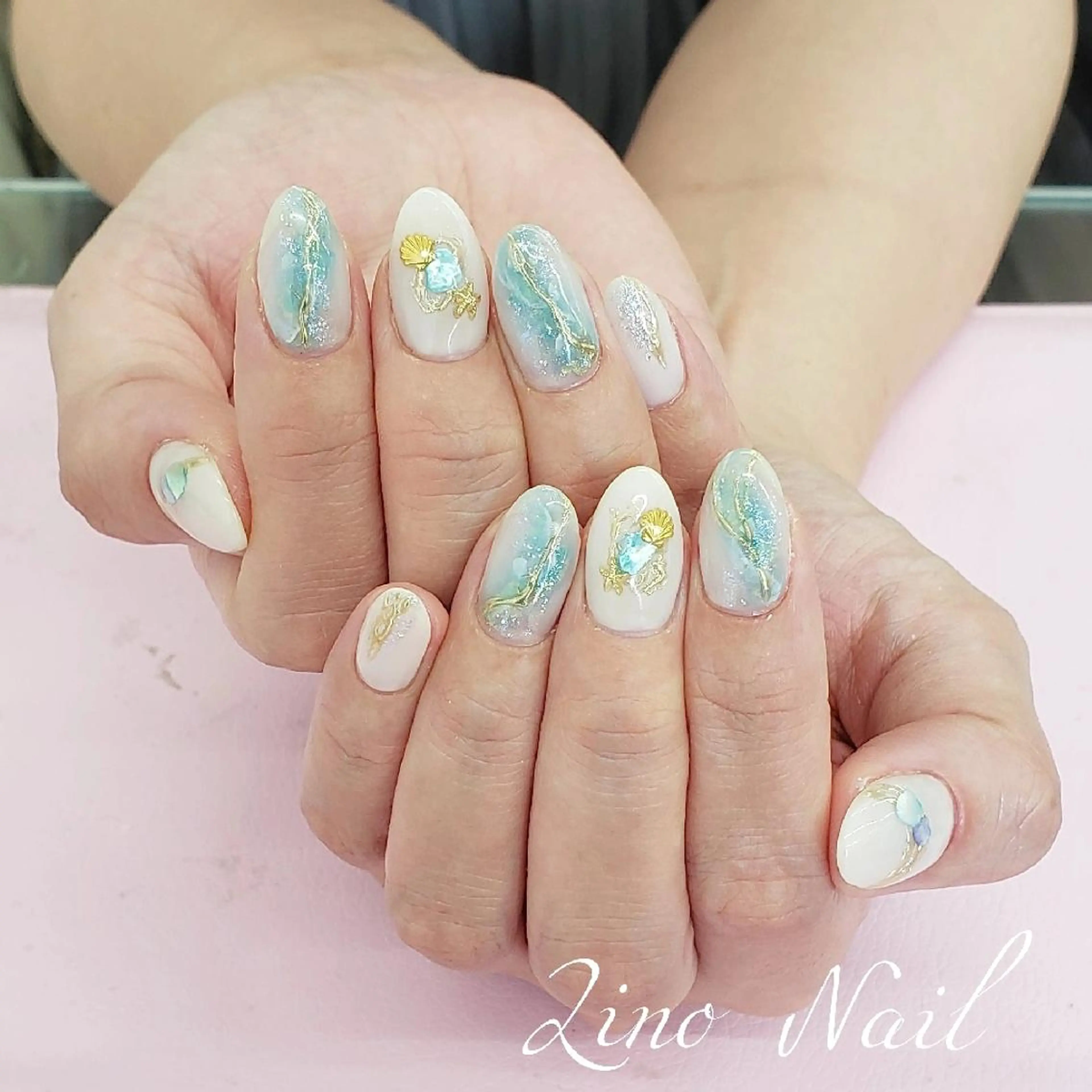 ネイル ブルー カジュアル ジェルネイル 大理石ネイル(マーブル) ミラーネイル ハンドネイル Lino Nailのネイルデザイン