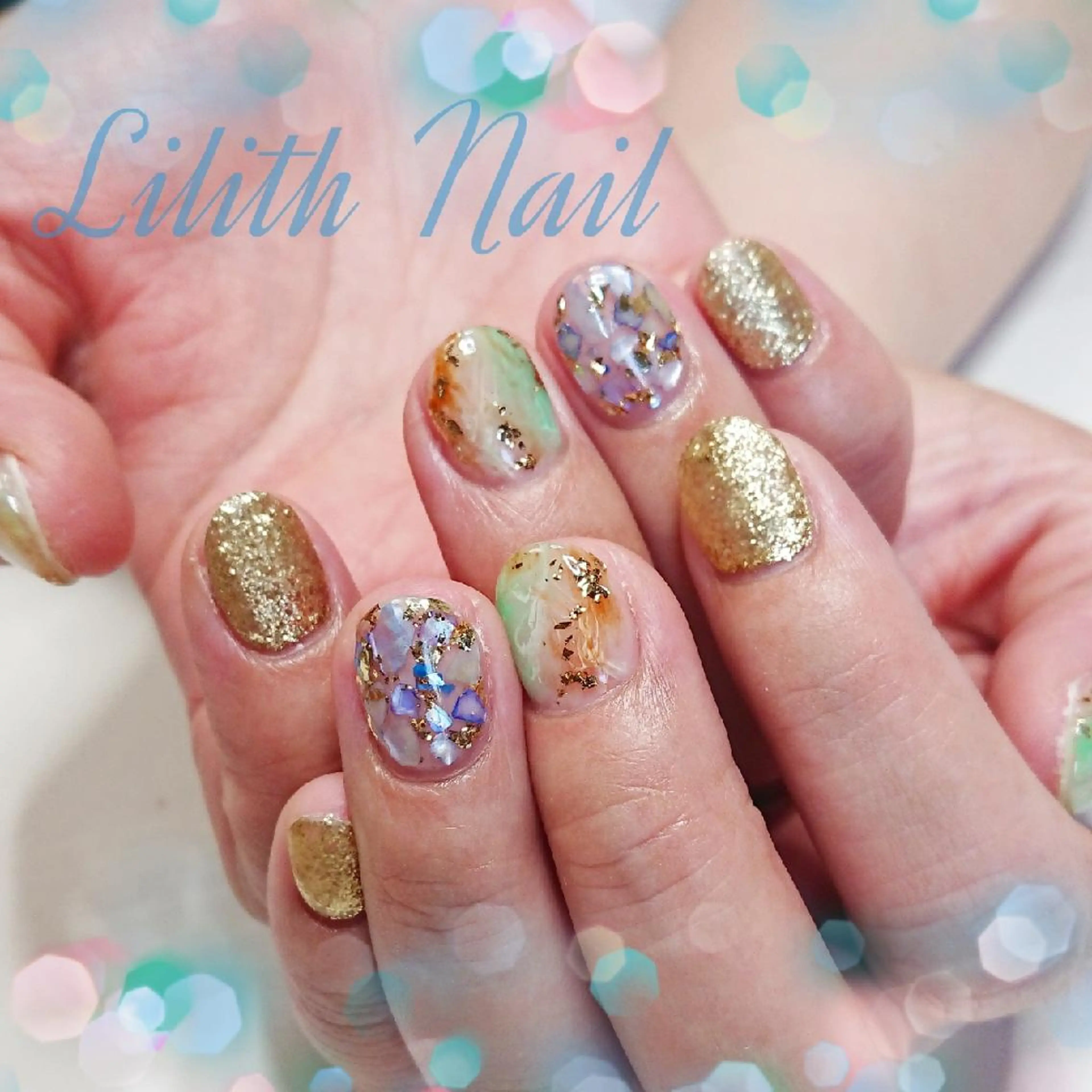 ネイル ブルー グリーン ハンドネイル Lilith Nailのネイルデザイン
