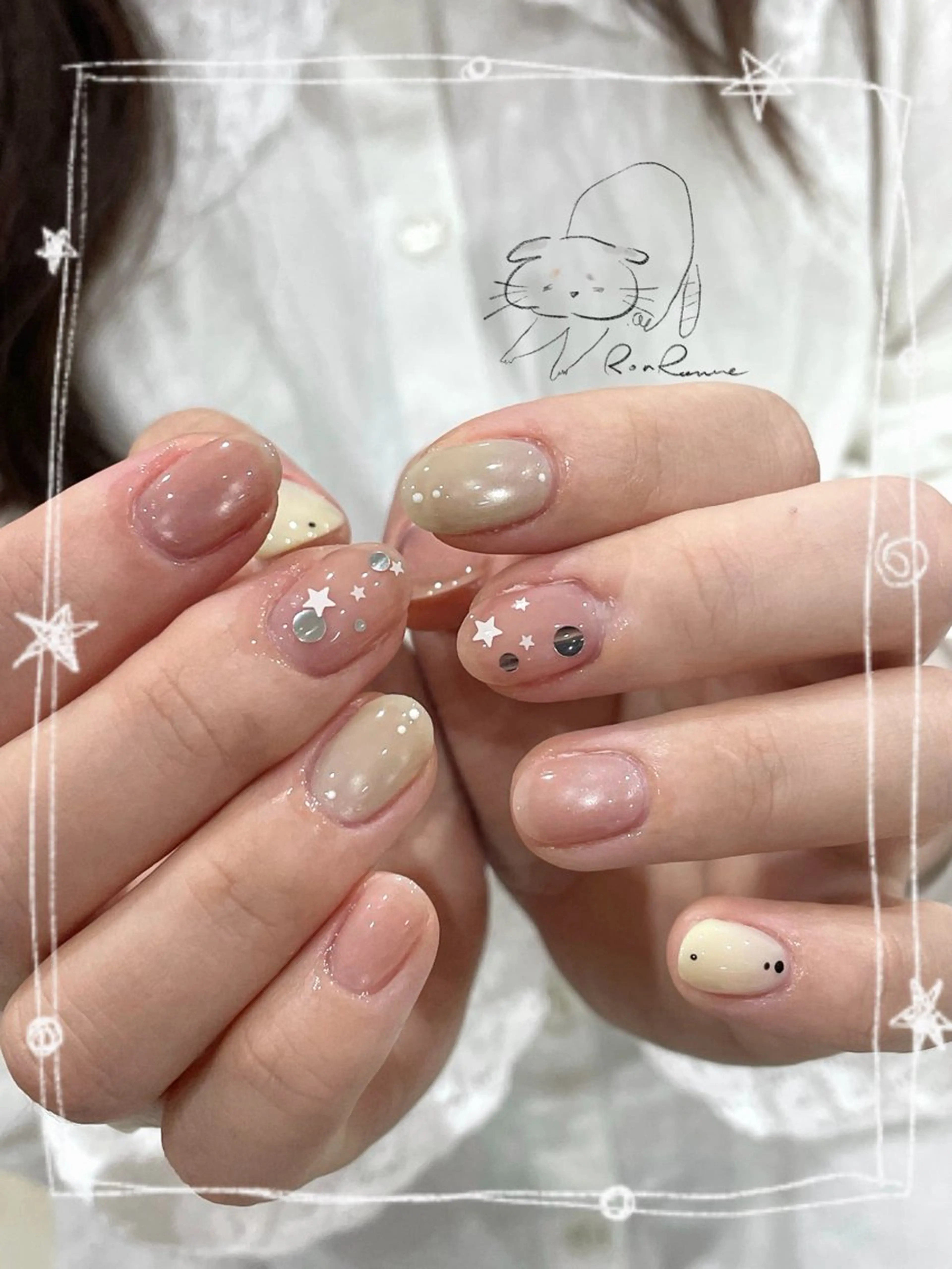 ネイル オーロラネイル 長さ出し フレンチネイル ジェルネイル ミラーネイル ハンドネイル ronronne .のネイルデザイン