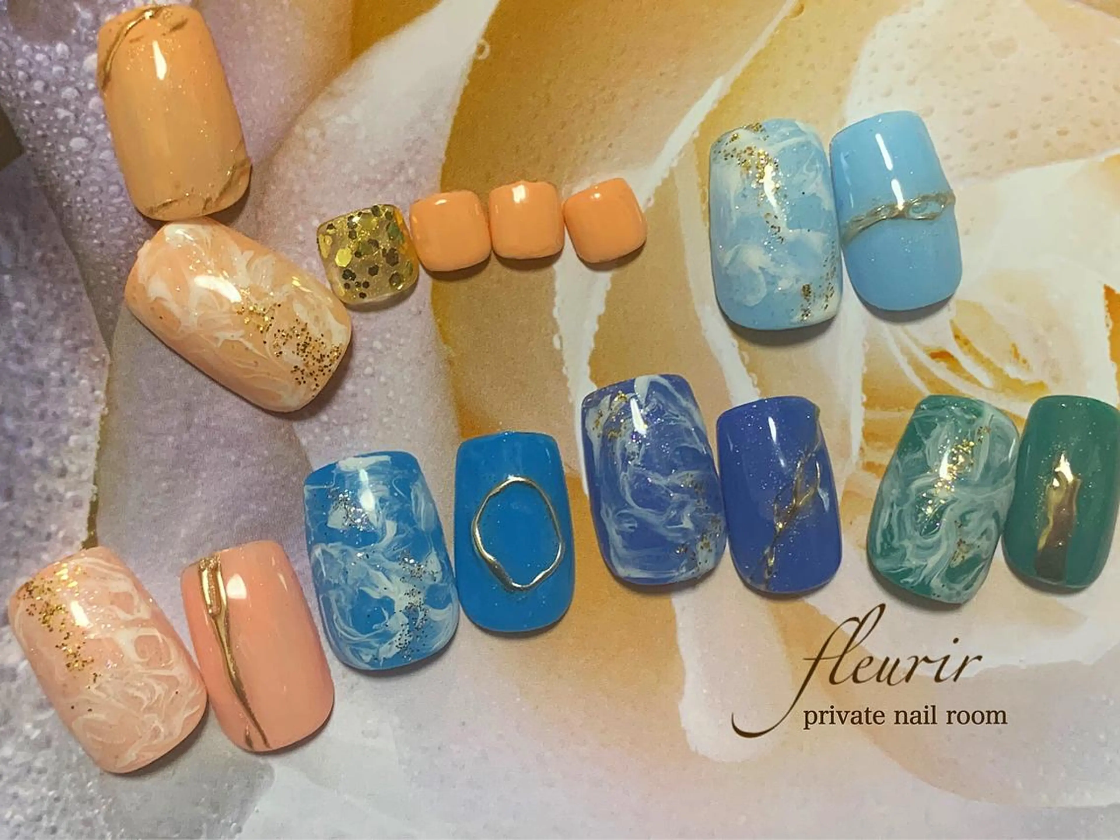 ネイル ブルー フットネイル グリーン ラメ(グリッター) 水色 フルリール 【プライベートサロンのネイルデザイン