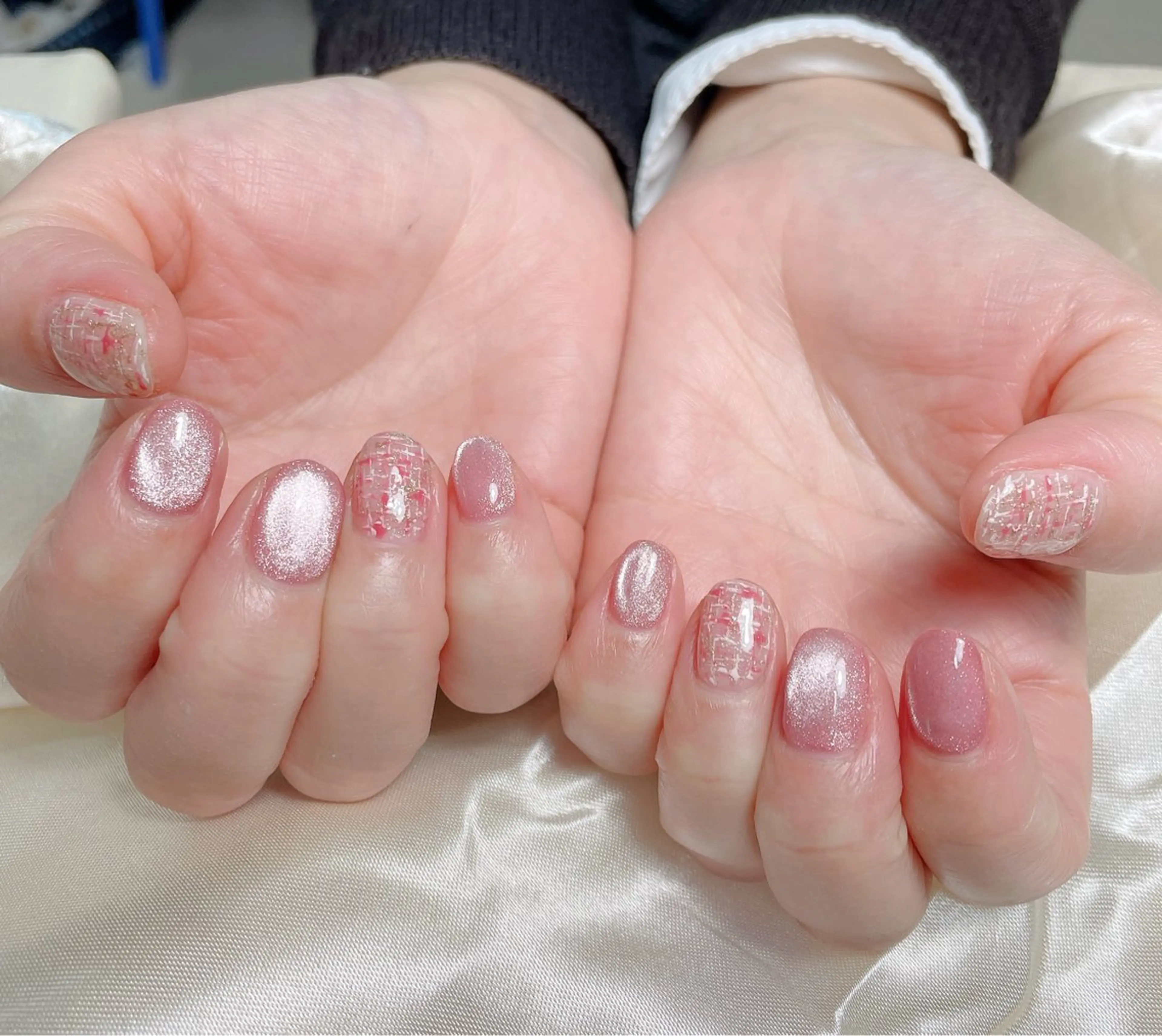 ネイル マグネットネイル ピンク ツイードネイル Guranail Satoのネイルデザイン