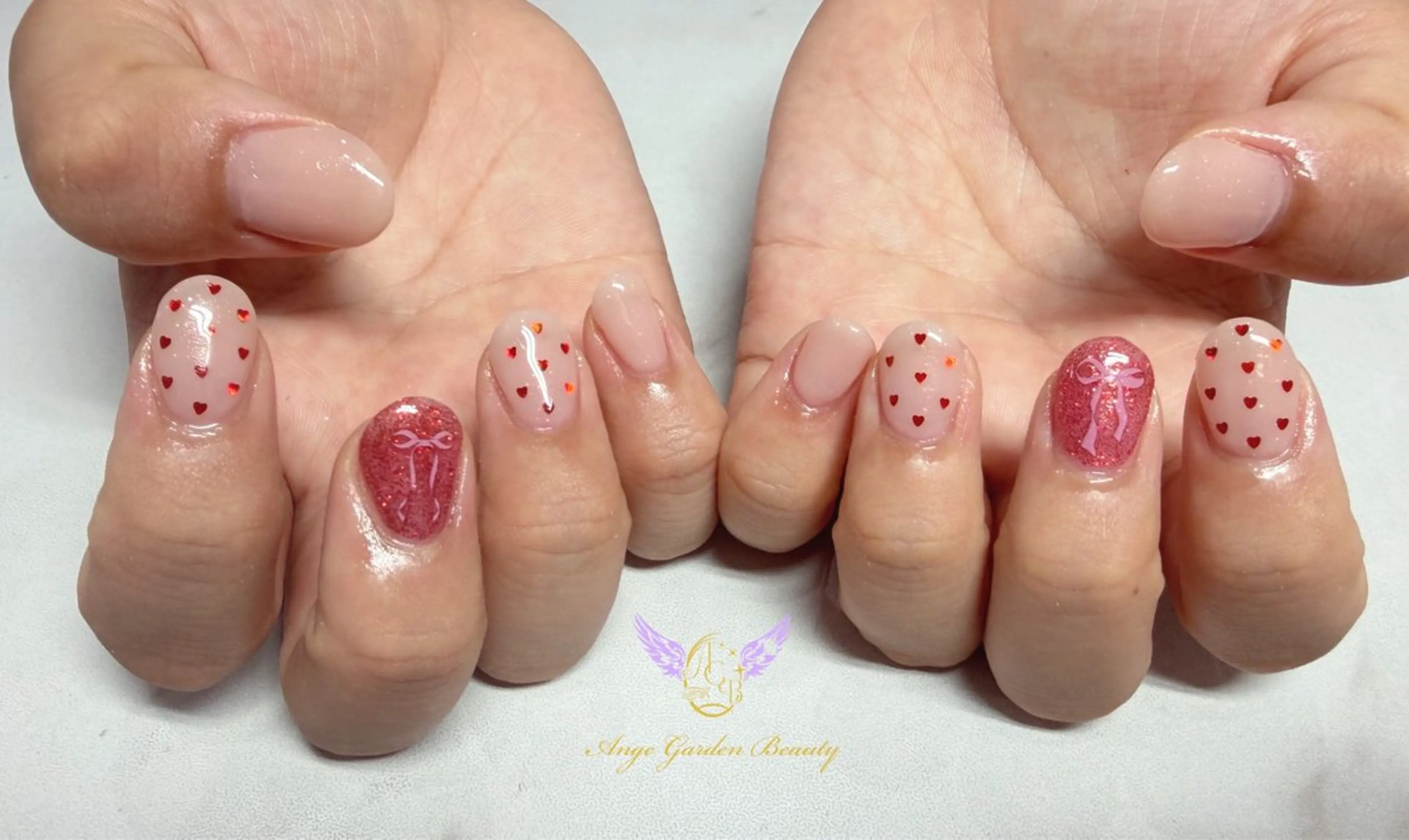 ネイル ハート リボン ハンドネイル AngeGarden Beautymihoのネイルデザイン