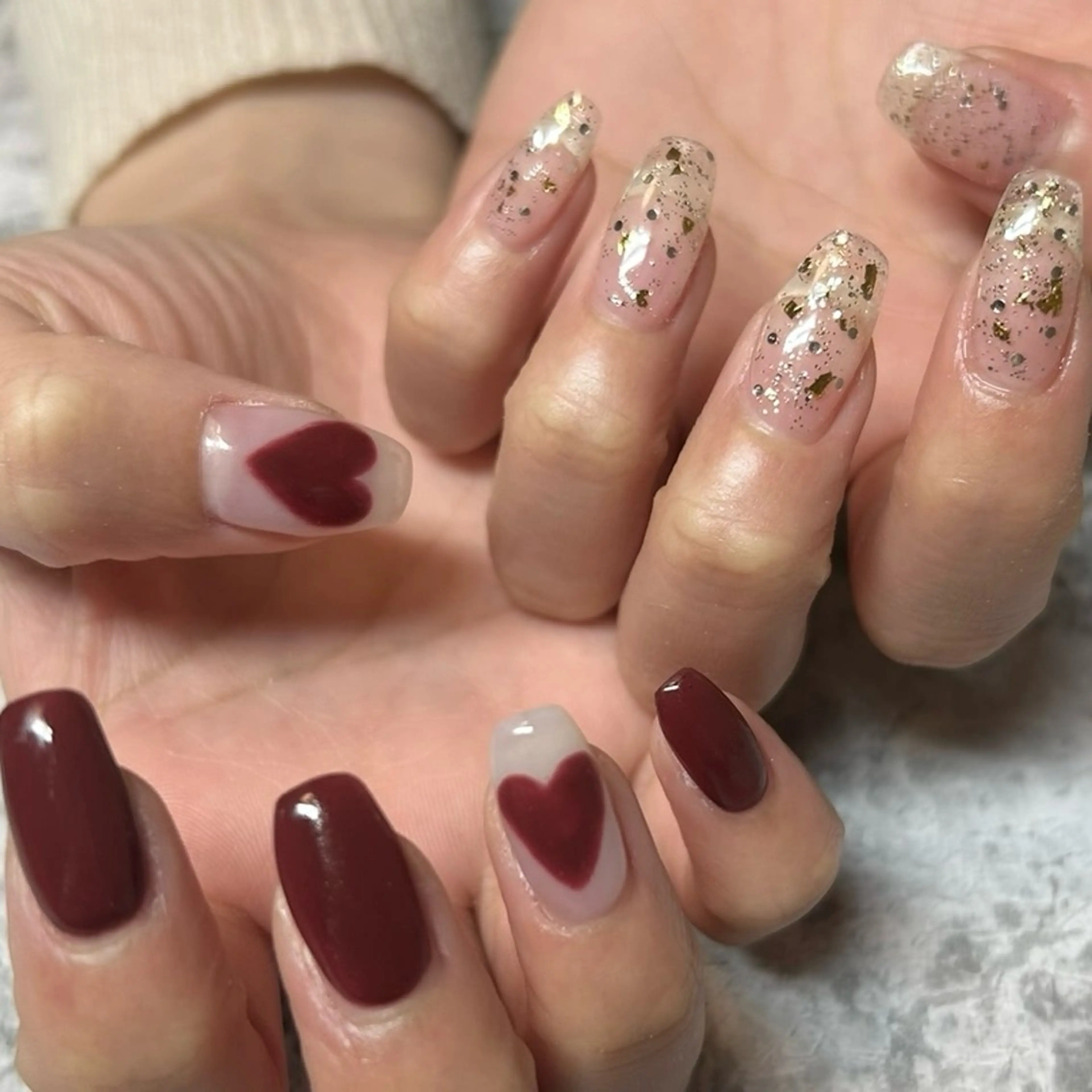ネイル ボルドー クリアネイル ガーリー ハート 韓国ネイル 極楽 鳥花のネイルデザイン