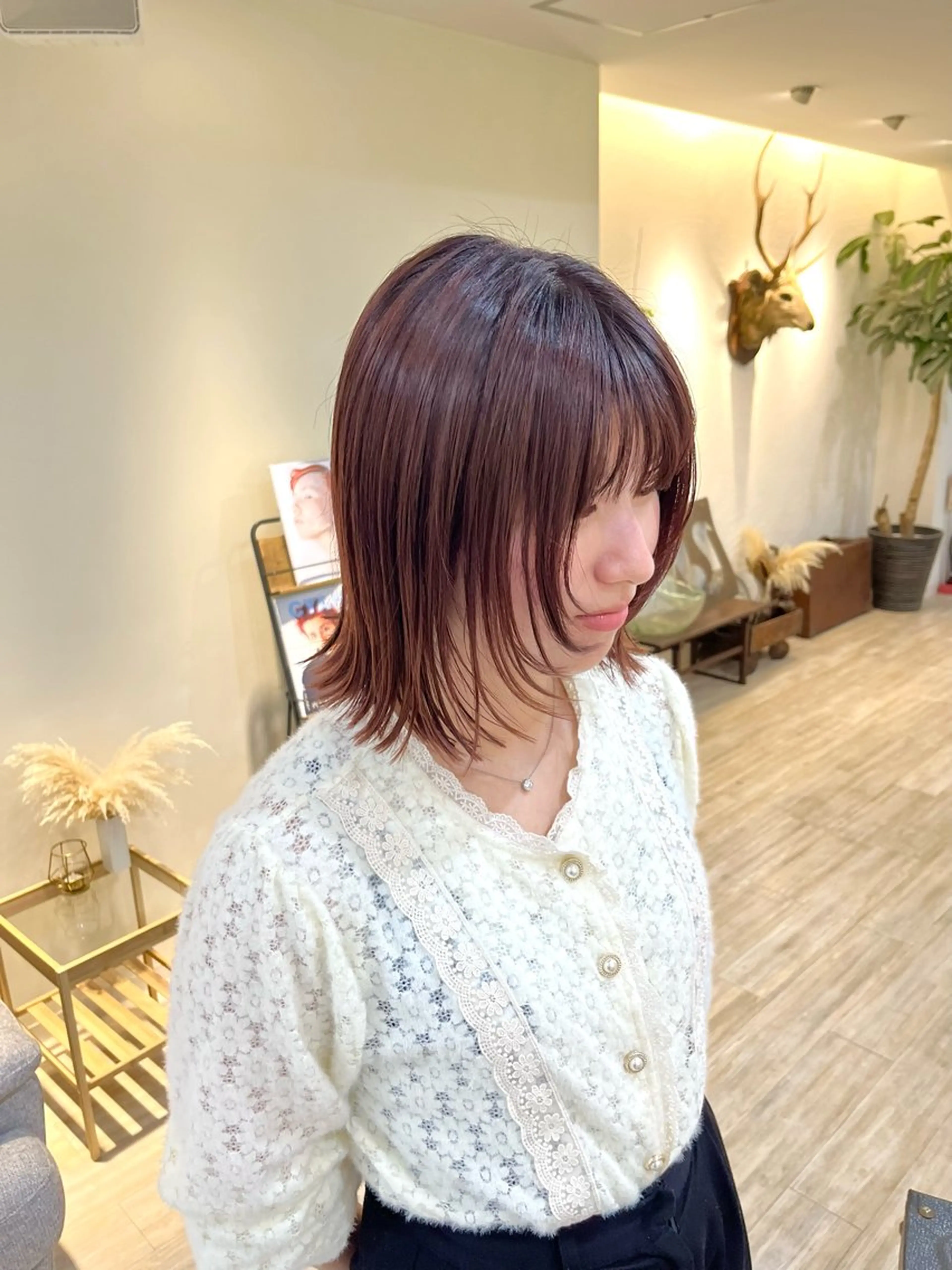 ミディアム カラー パーマ カット ヘアカラー 縮毛矯正 つぼみ/パーマ ／レイヤー／ボブのヘアスタイル