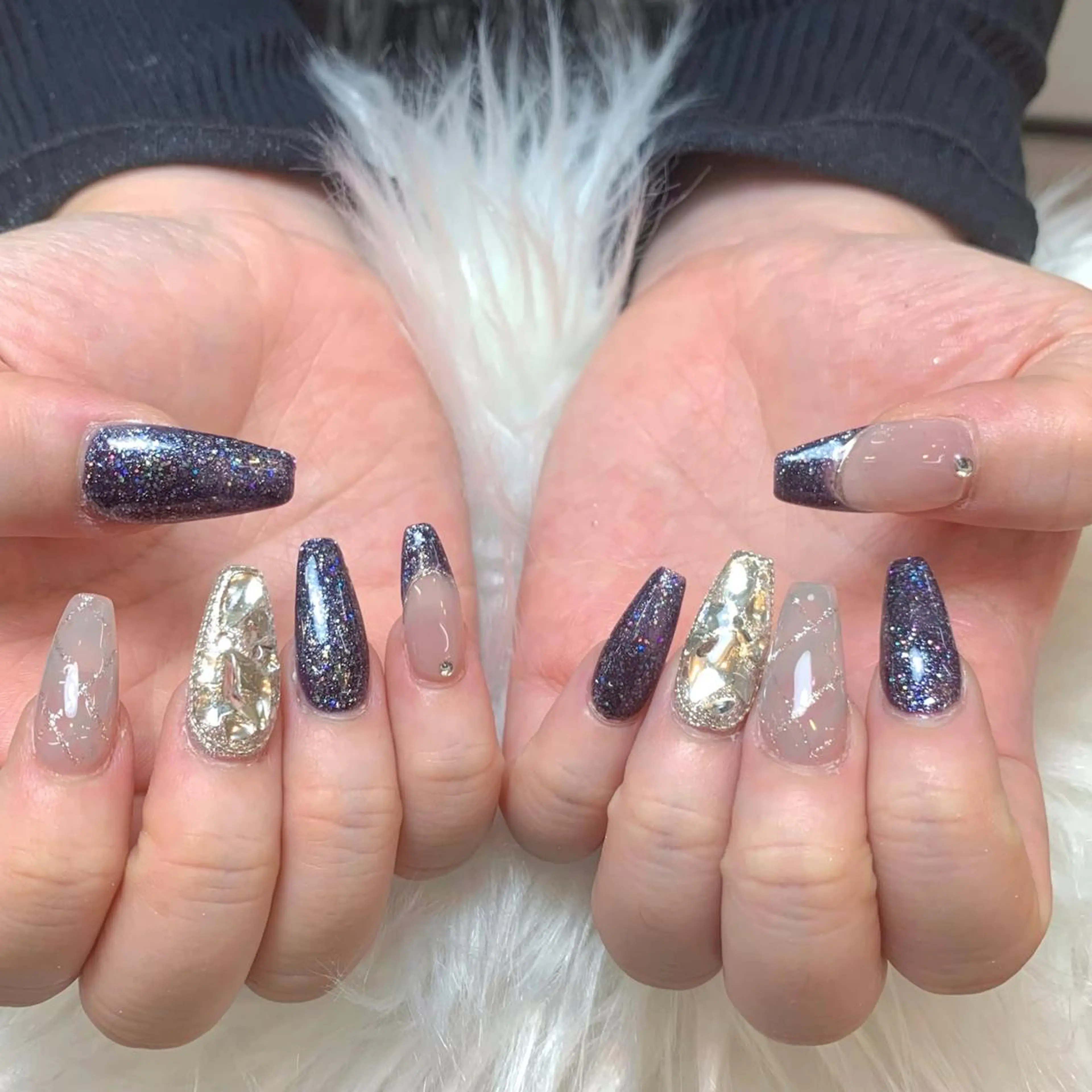 ネイル アートネイル ラメ(グリッター) パープル シルバー ハンドネイル ヒユ ビューティーのネイルデザイン