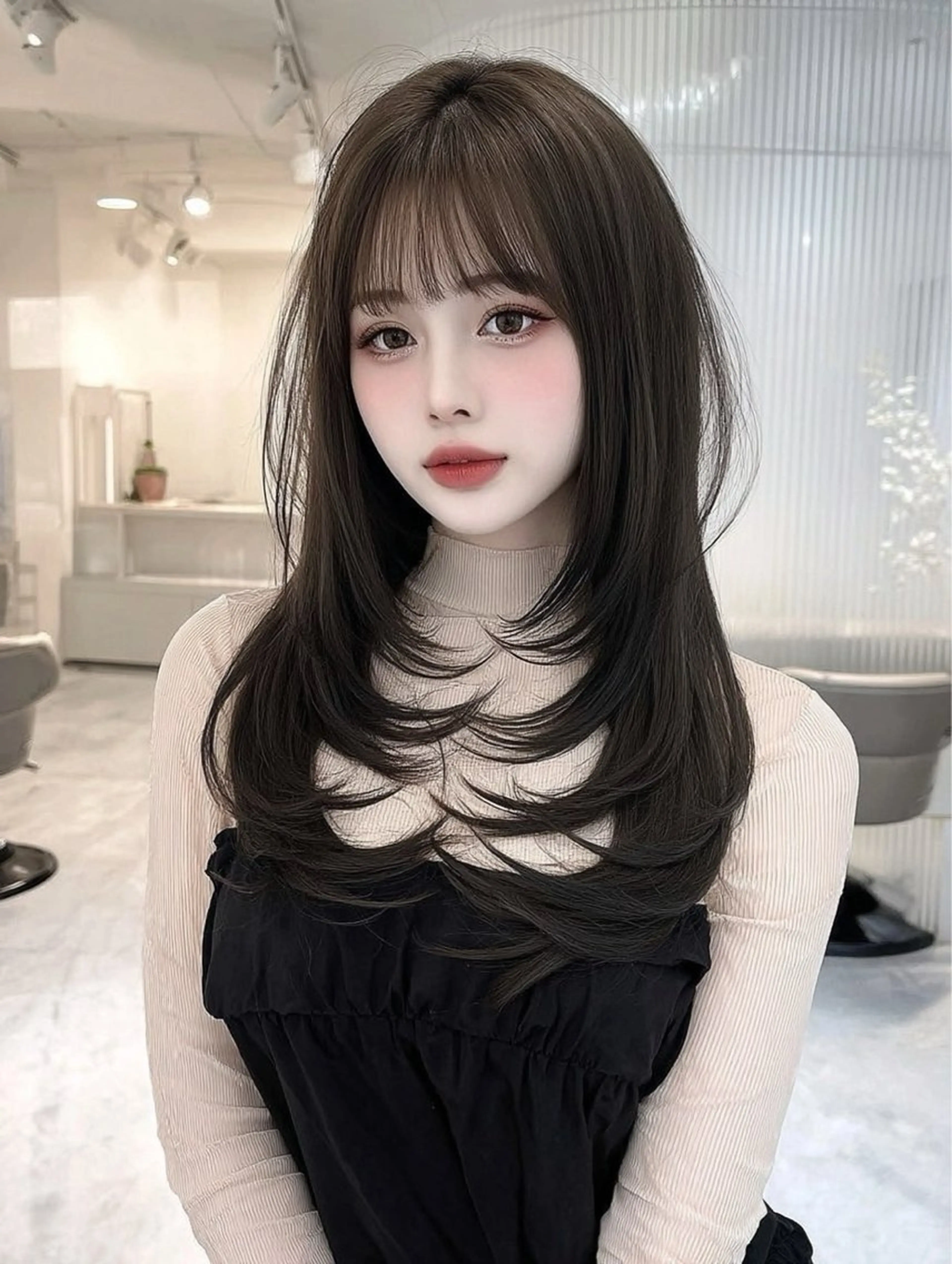 ロング ボブ 顔まわりレイヤー 韓国風ヘア レイヤーカット ウルフカット 岡田 望愛🫧のヘアスタイル