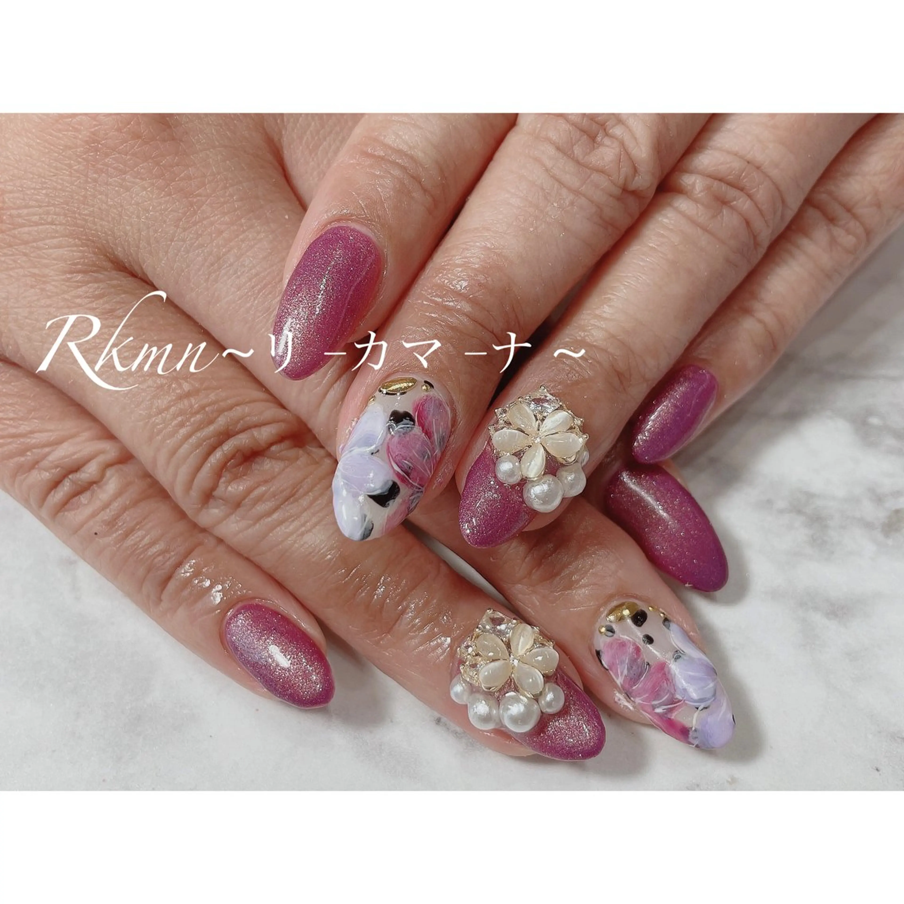 ネイル アートネイル ドット フラワーネイル パープル 春ネイル ハンドネイル フットネイル ハンドケア Rkmn ~リ-カマ-ナ~のネイルデザイン