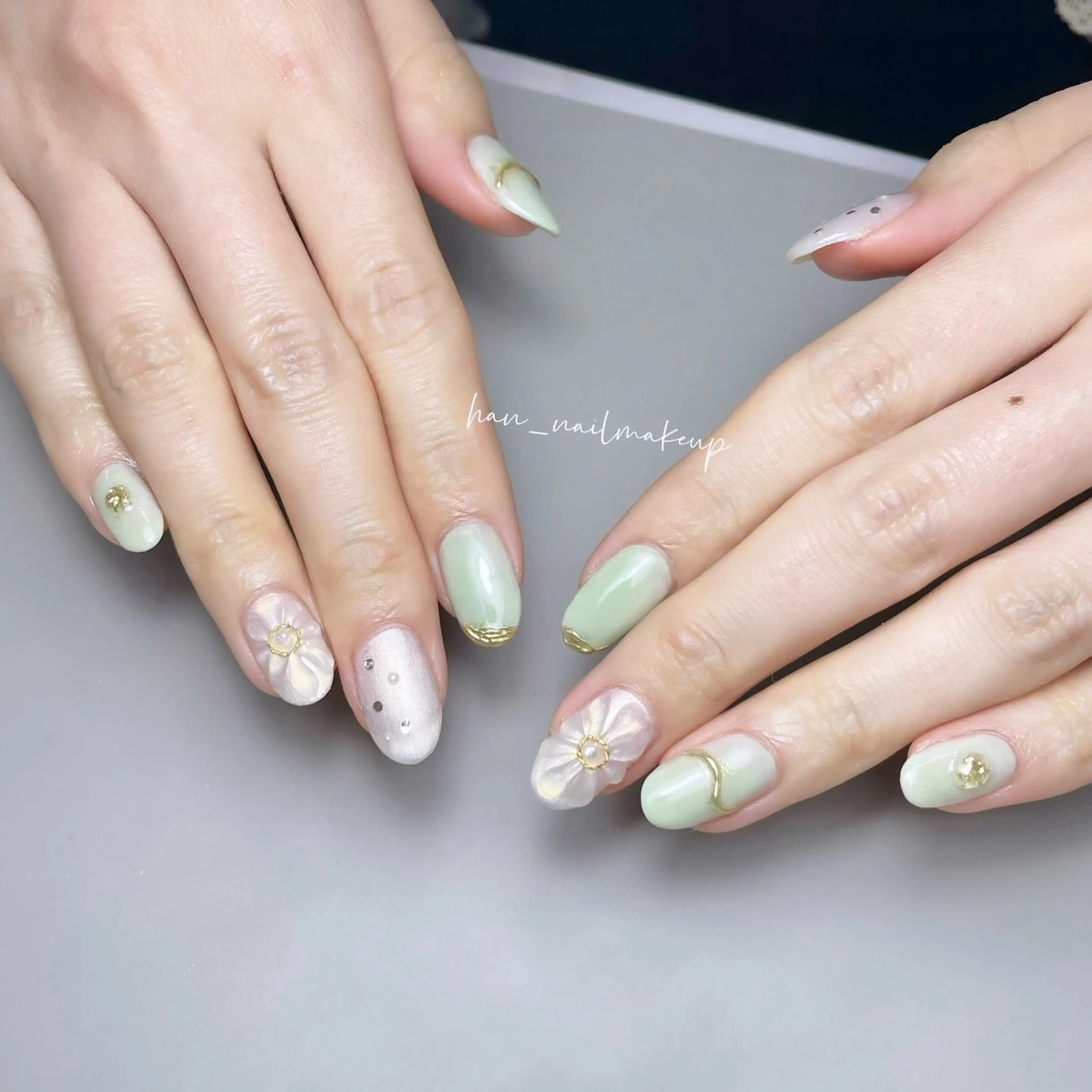 ネイル グリーン 持ち込み 春ネイル ハンドネイル Himari Nail Salonのネイルデザイン