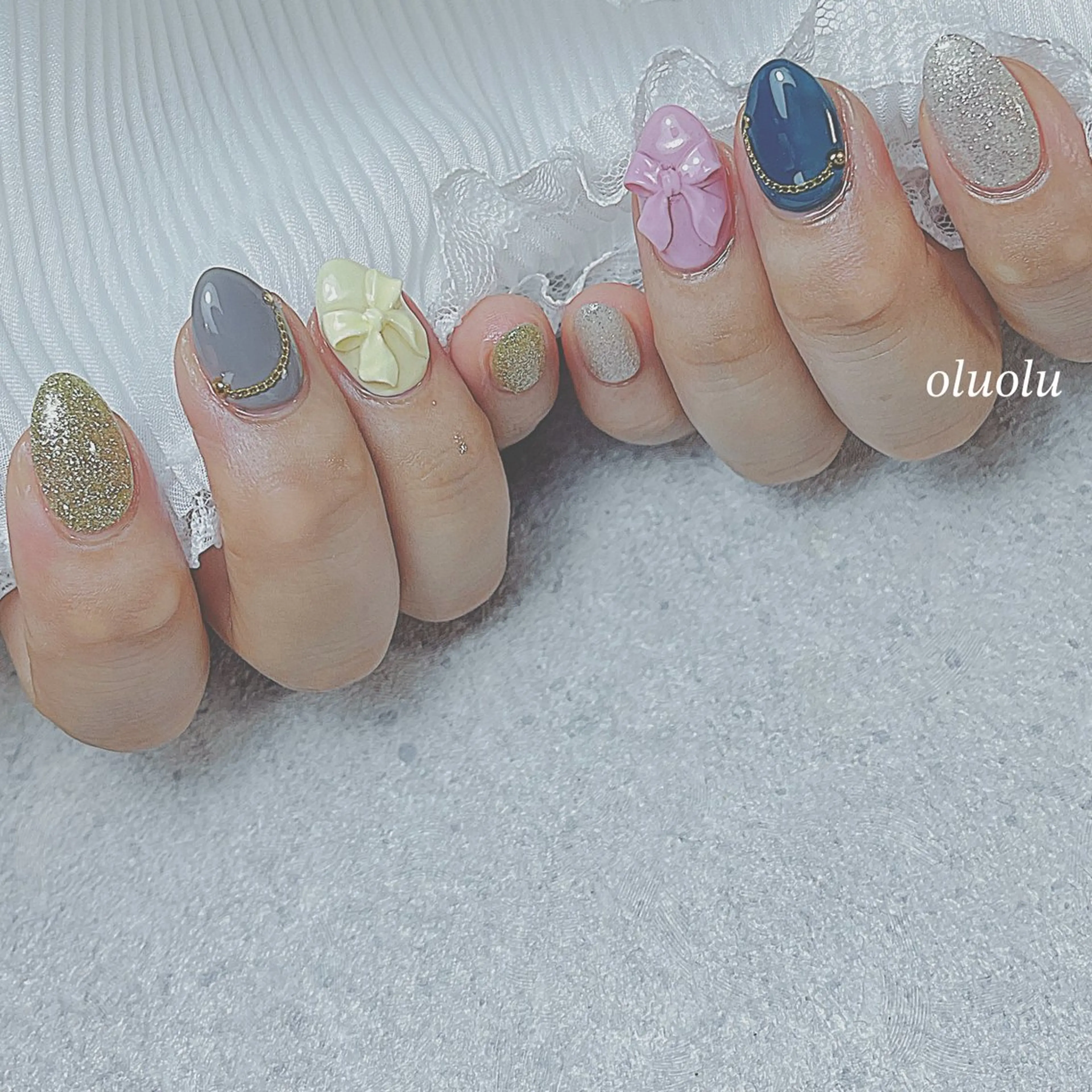 ネイル アートネイル パステルネイル リボン ハンドネイル 大村 紬華のネイルデザイン