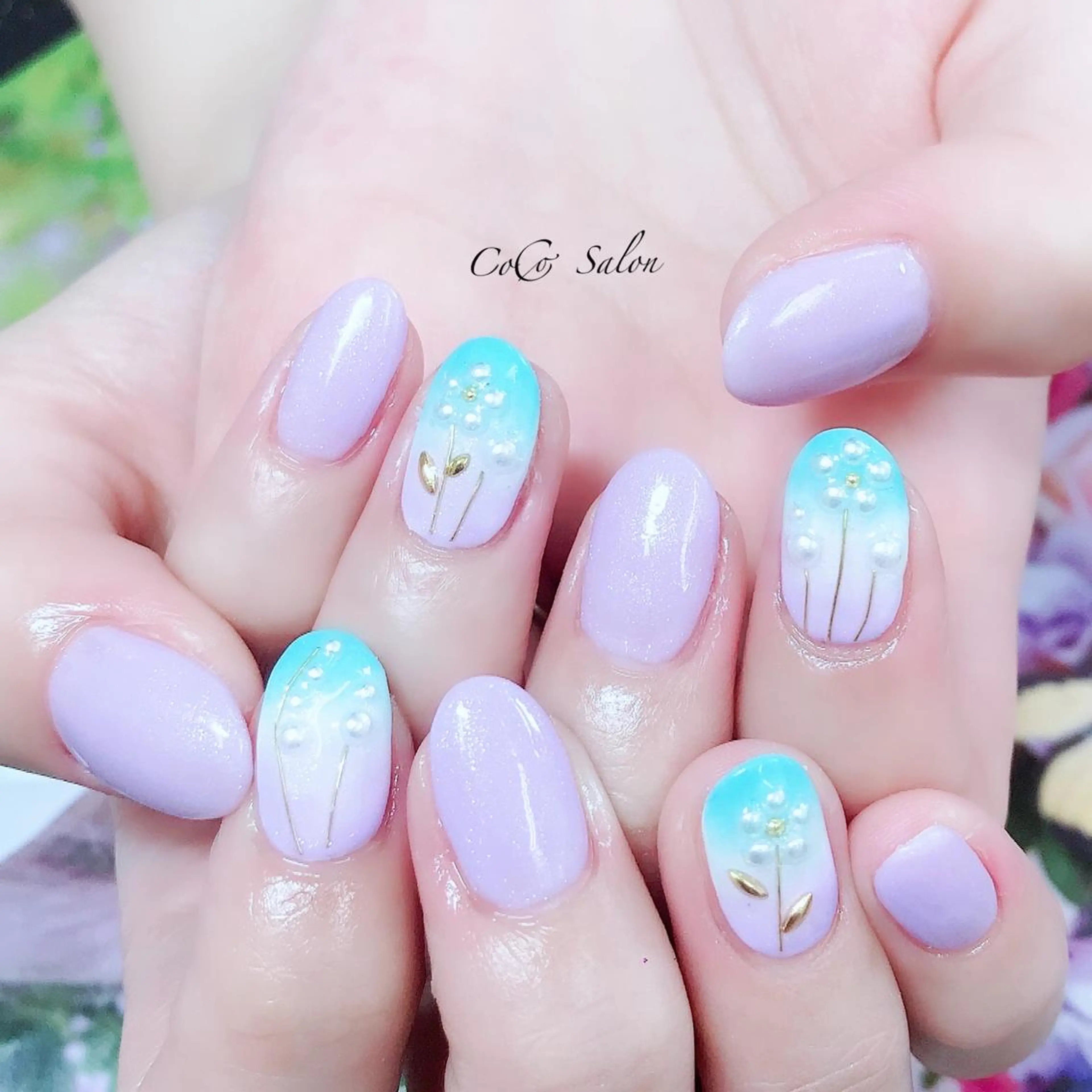 キッズ ネイル フラワーネイル グラデーション ワンカラーネイル パステルネイル パープル CoCoSalon ネイル/まつ毛予約のネイルデザイン