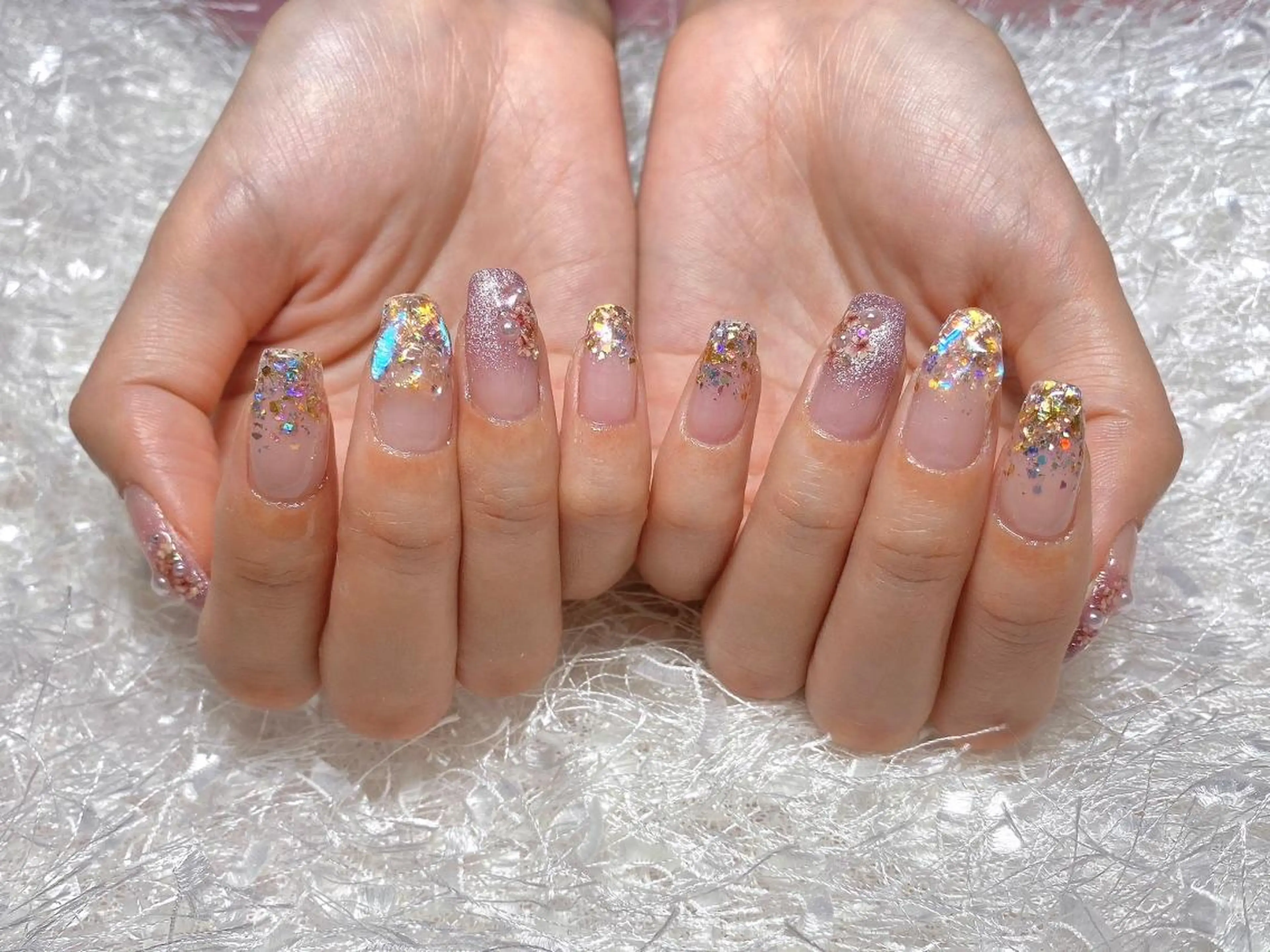 ネイル オーロラネイル 長さ出し フレンチネイル ジェルネイル グラデーション ハンドネイル Nail&eye Belire 新宿のネイルデザイン