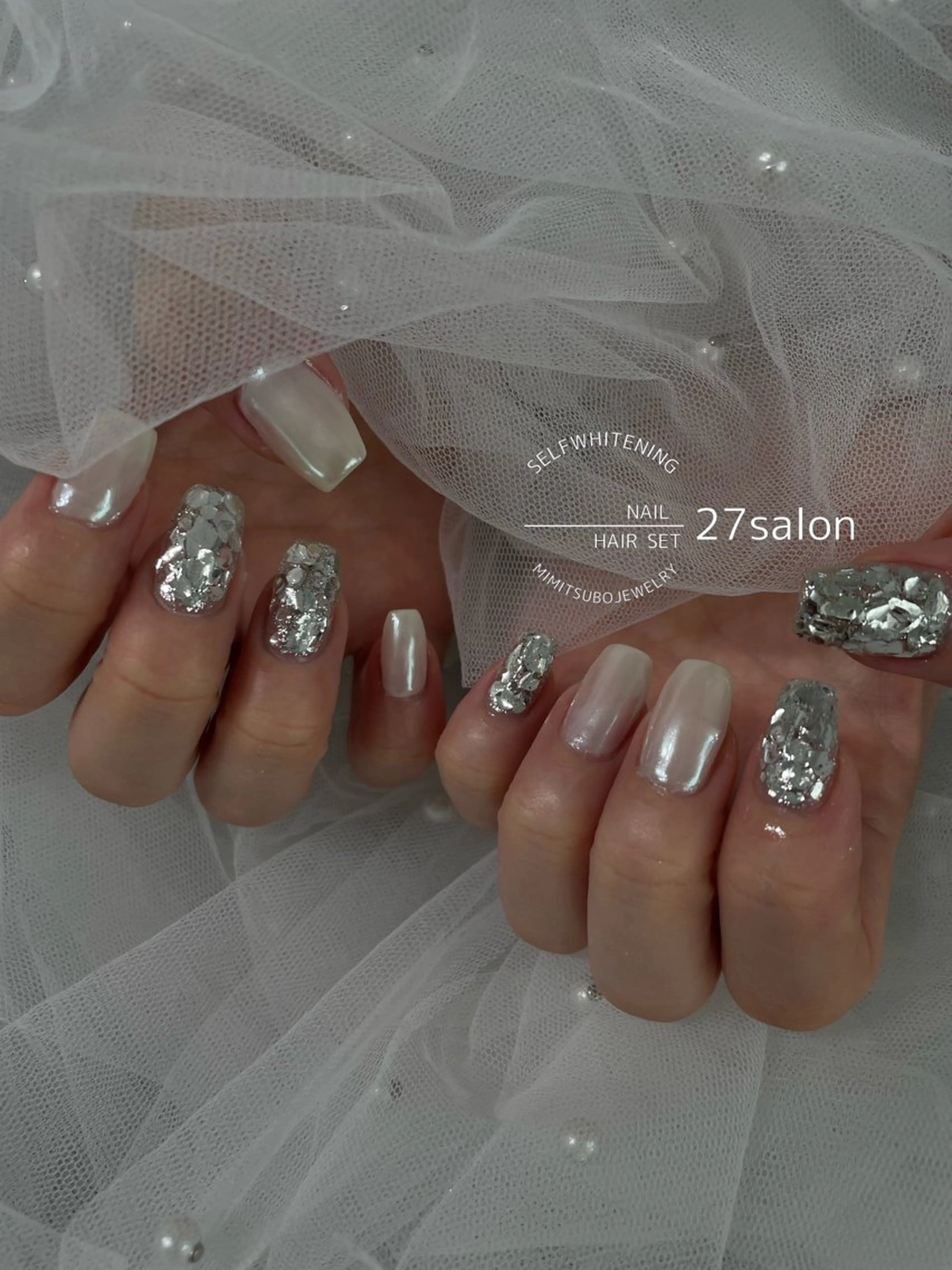 ネイル ミラーネイル ホワイト ハンドネイル 27salon yuinaのネイルデザイン
