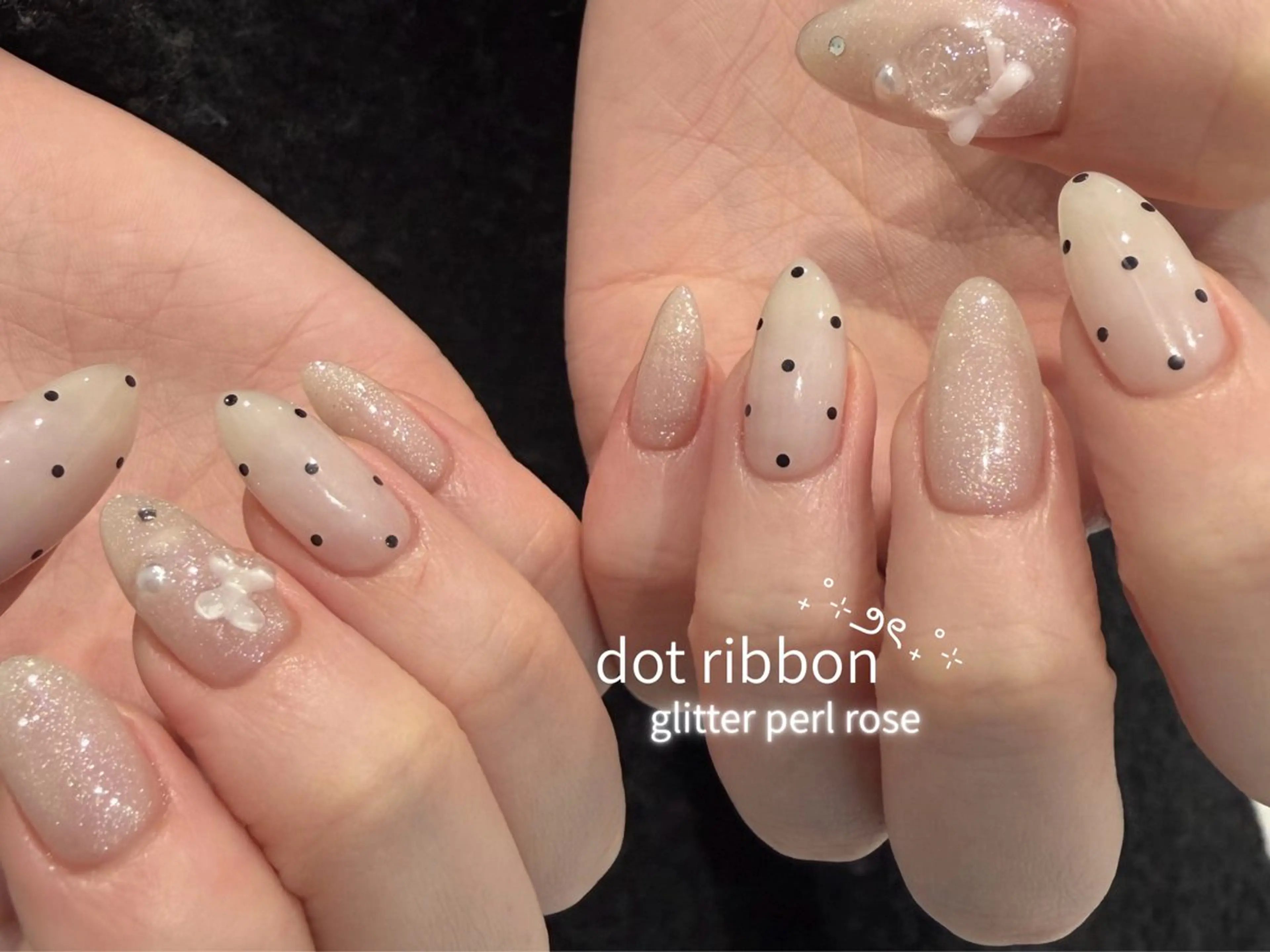 ネイル ドット リボン ハンドネイル NORA nail UMEDA MAIのネイルデザイン