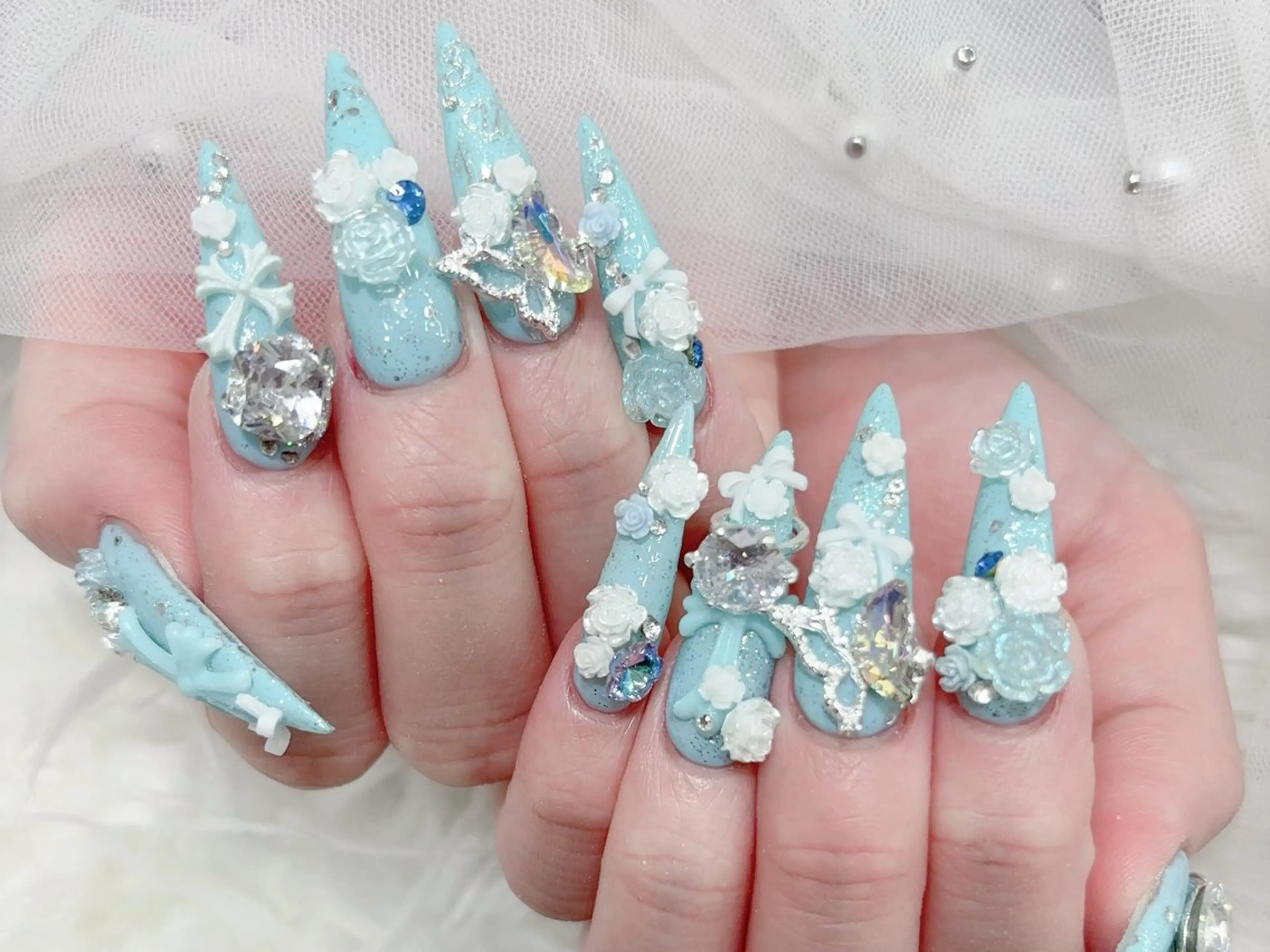 ネイル 成人式 大理石ネイル(マーブル) リボン 夏ネイル ネイルチップ ハンドネイル MoMoA Nail ネイル長さ出し専門店のネイルデザイン