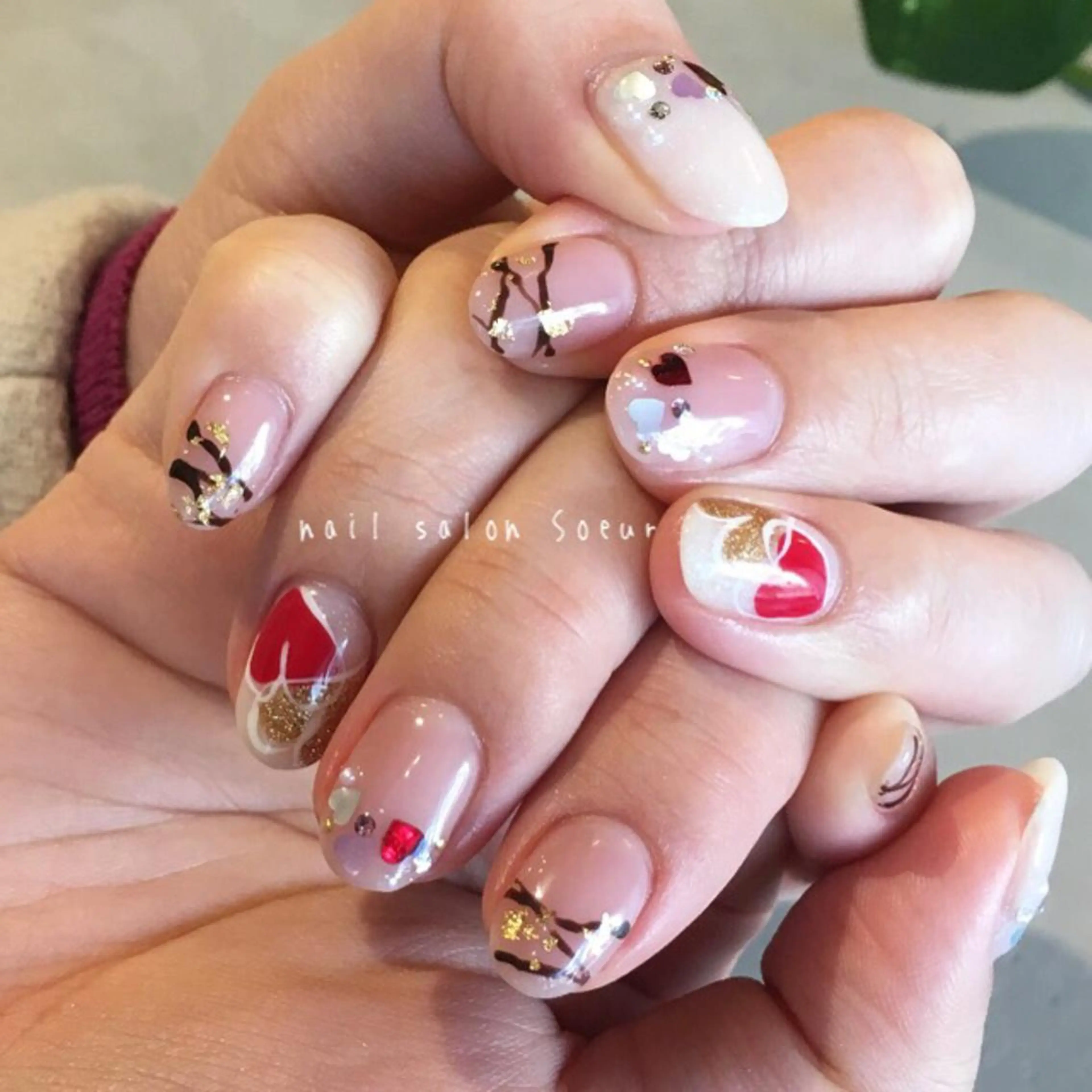 ネイル アートネイル ジェルネイル ハート 持ち込み バレンタイン ハンドネイル nail salon Soeurのネイルデザイン