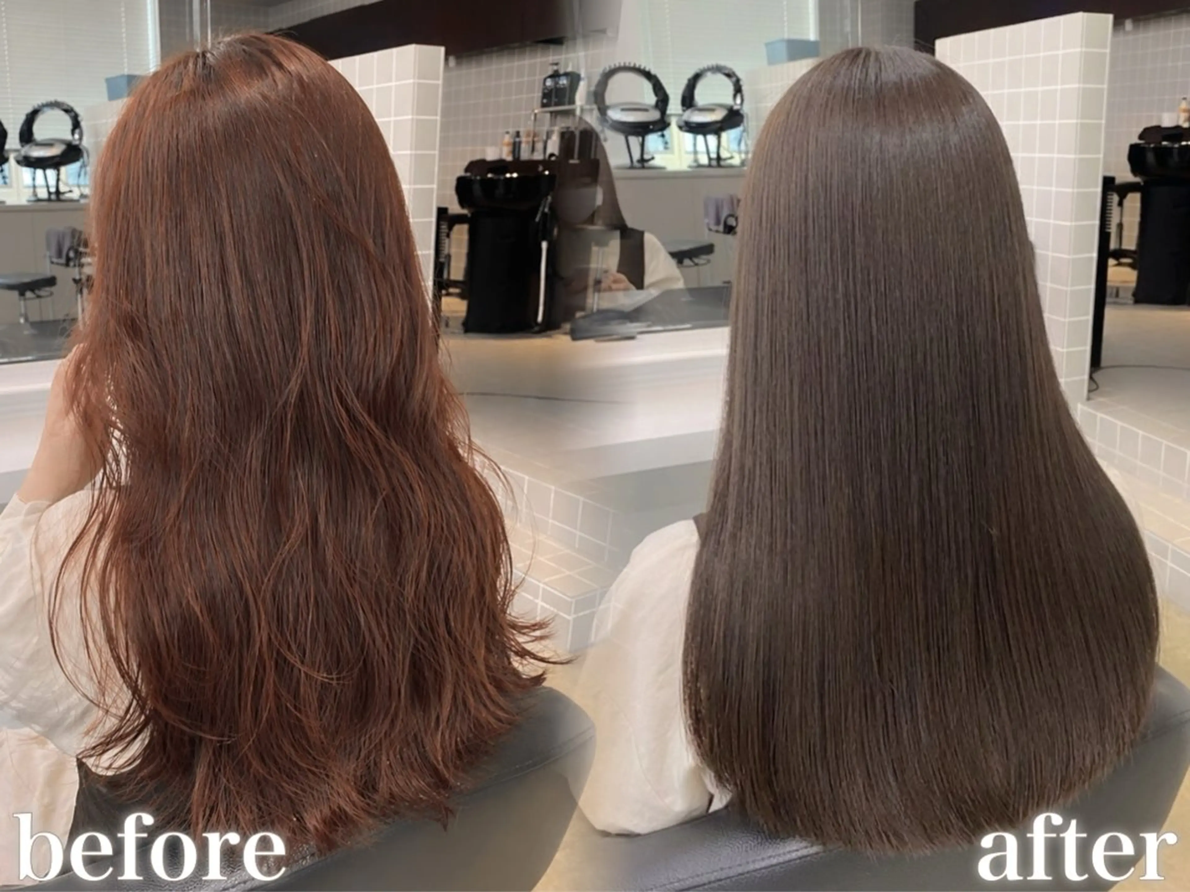 ロング カラー カット 縮毛矯正 トリートメント ブリーチ縮毛矯正加藤 赤み無し透明感ヘアのヘアスタイル