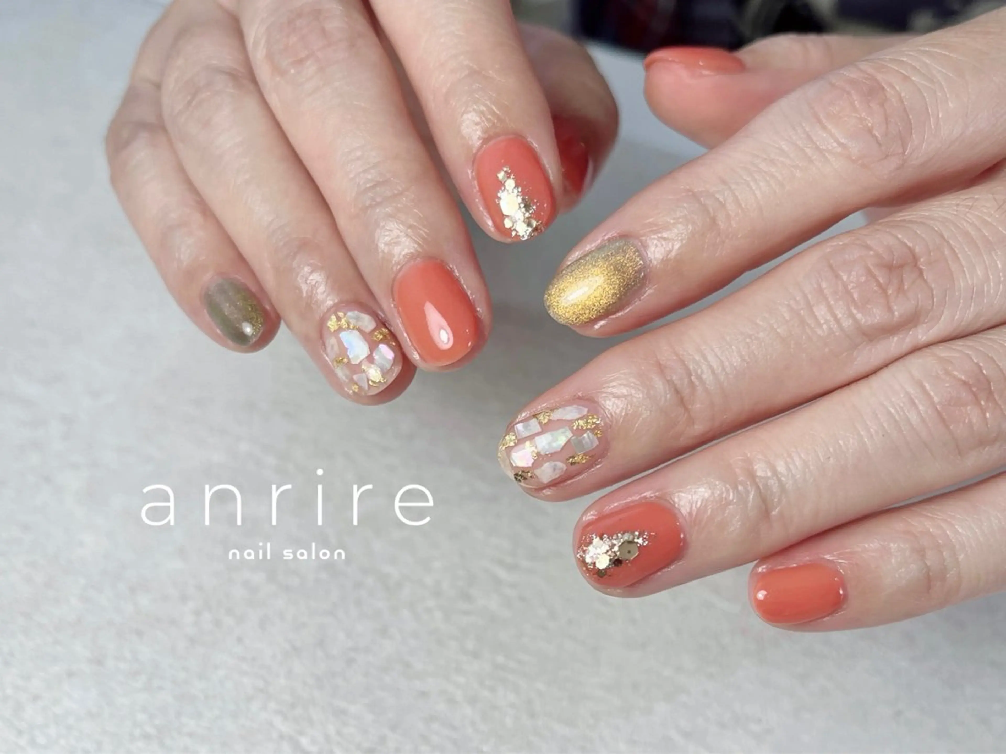 ネイル ジェルネイル マグネットネイル オレンジ パラジェル ハンドネイル nailsalon anrireのネイルデザイン