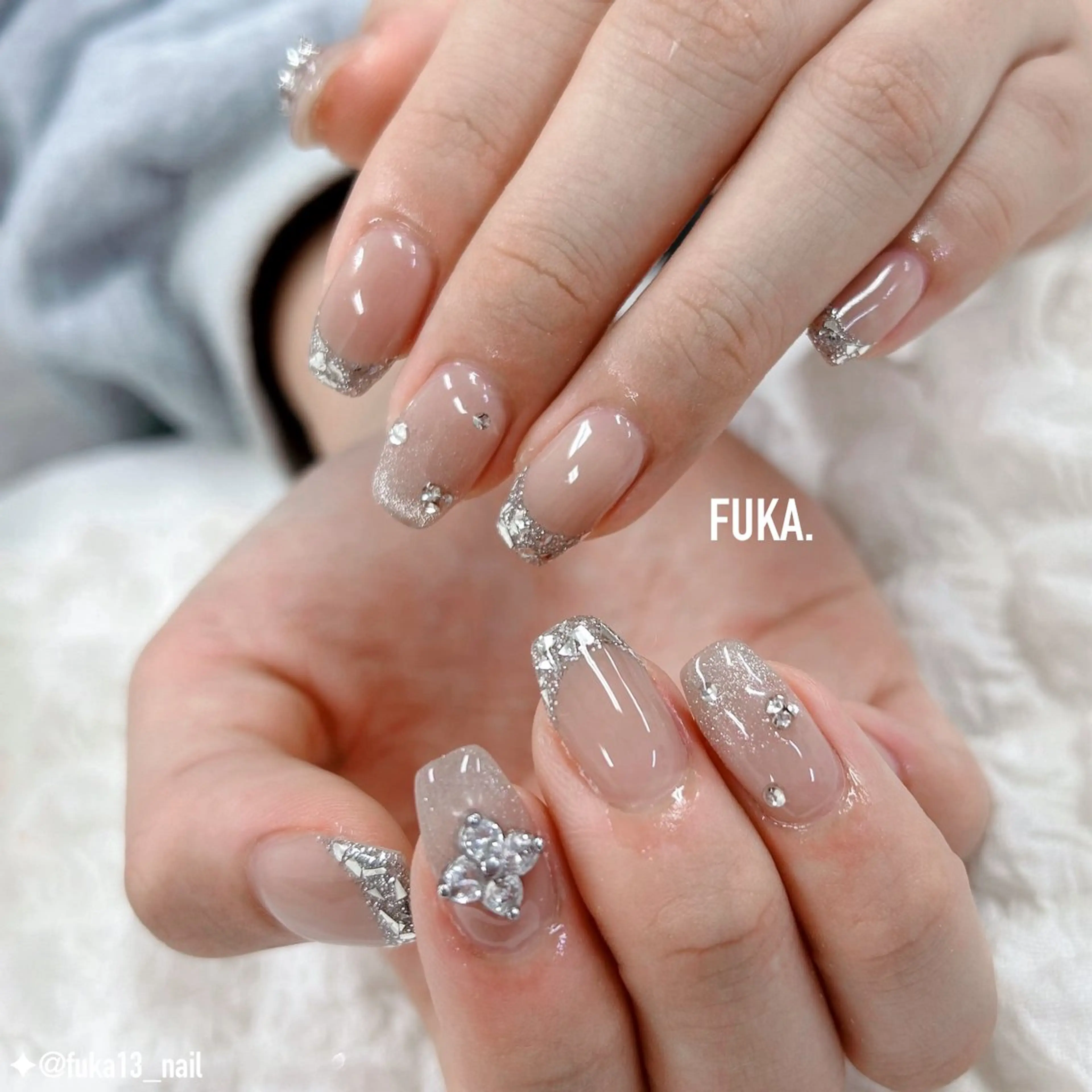 ネイル フレンチネイル ガラスフレンチ キラキラネイル ハンドネイル ネイルサロンAnela【アネラ】所属・Nail♡Fuka. /4月予約受付中のネイルデザイン