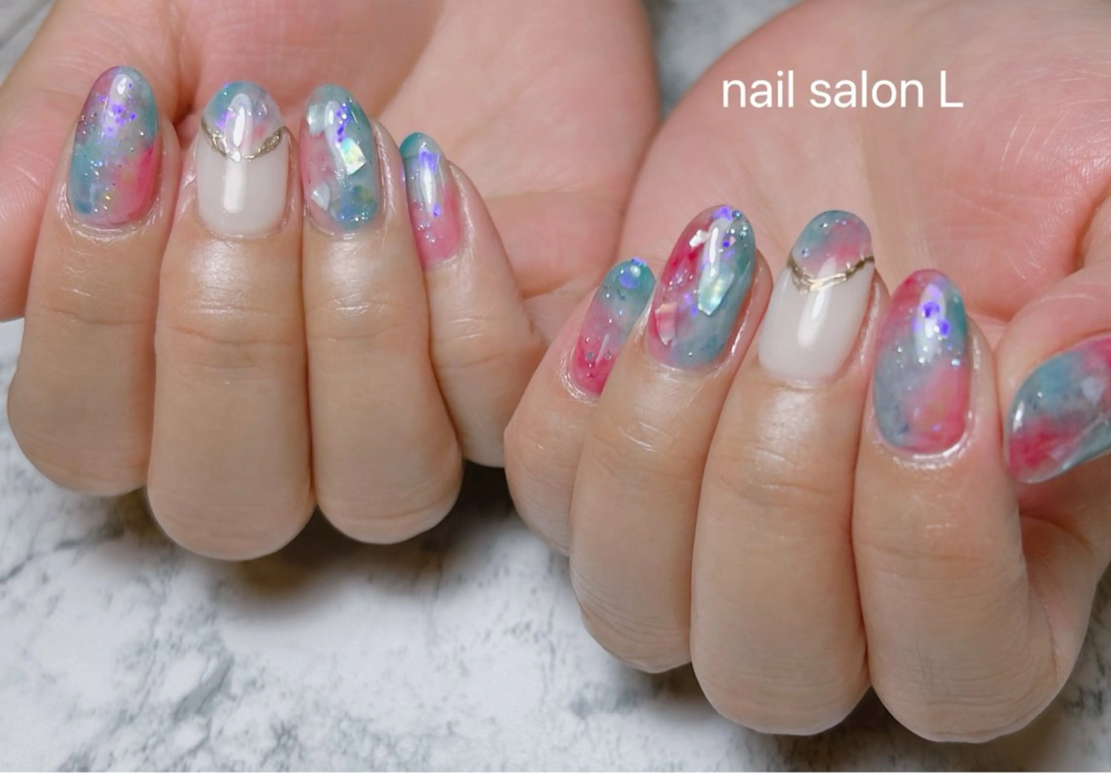 ネイル ブルー クリアネイル ラメ(グリッター) ピンク ハンドネイル 吉川市 ネイルサロンLのネイルデザイン